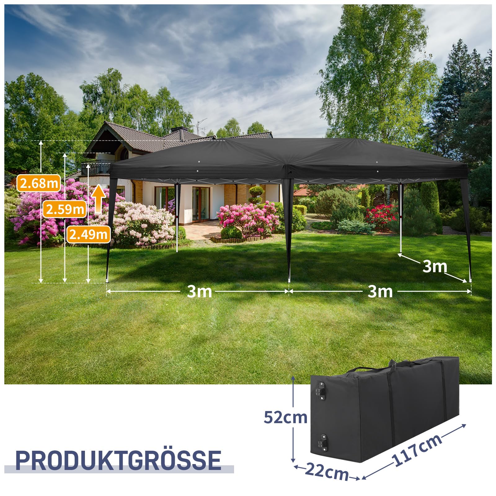 LEADZM Cenador plegable de 3 x 6 m, altura regulable, protección UV 50+, para jardín, fiesta, marco de acero, con 4 paneles laterales, para jardín, fiesta, camping (negro)