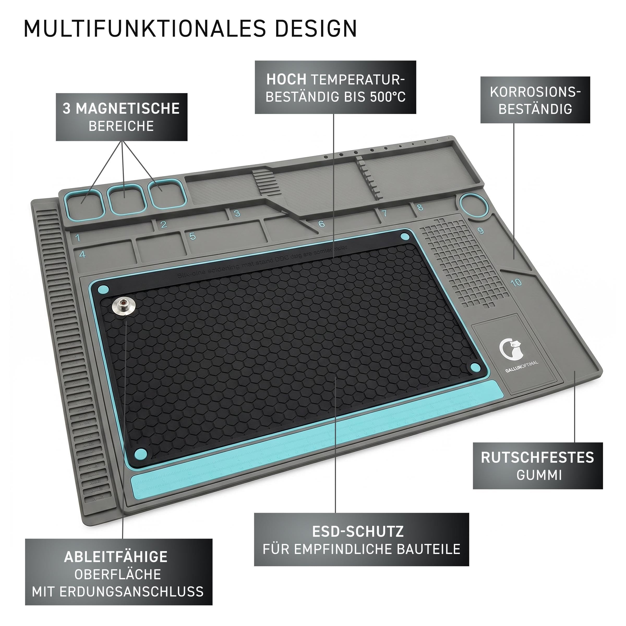 ESD podkładka robocza i mata lutownicza rozmiar L 57 x 38 cm, miękki PCW / guma z wkładką silikonową ESD i zatrzaskiem 10 mm, organizer części i narzędzi, 3 obszary magnetyczne