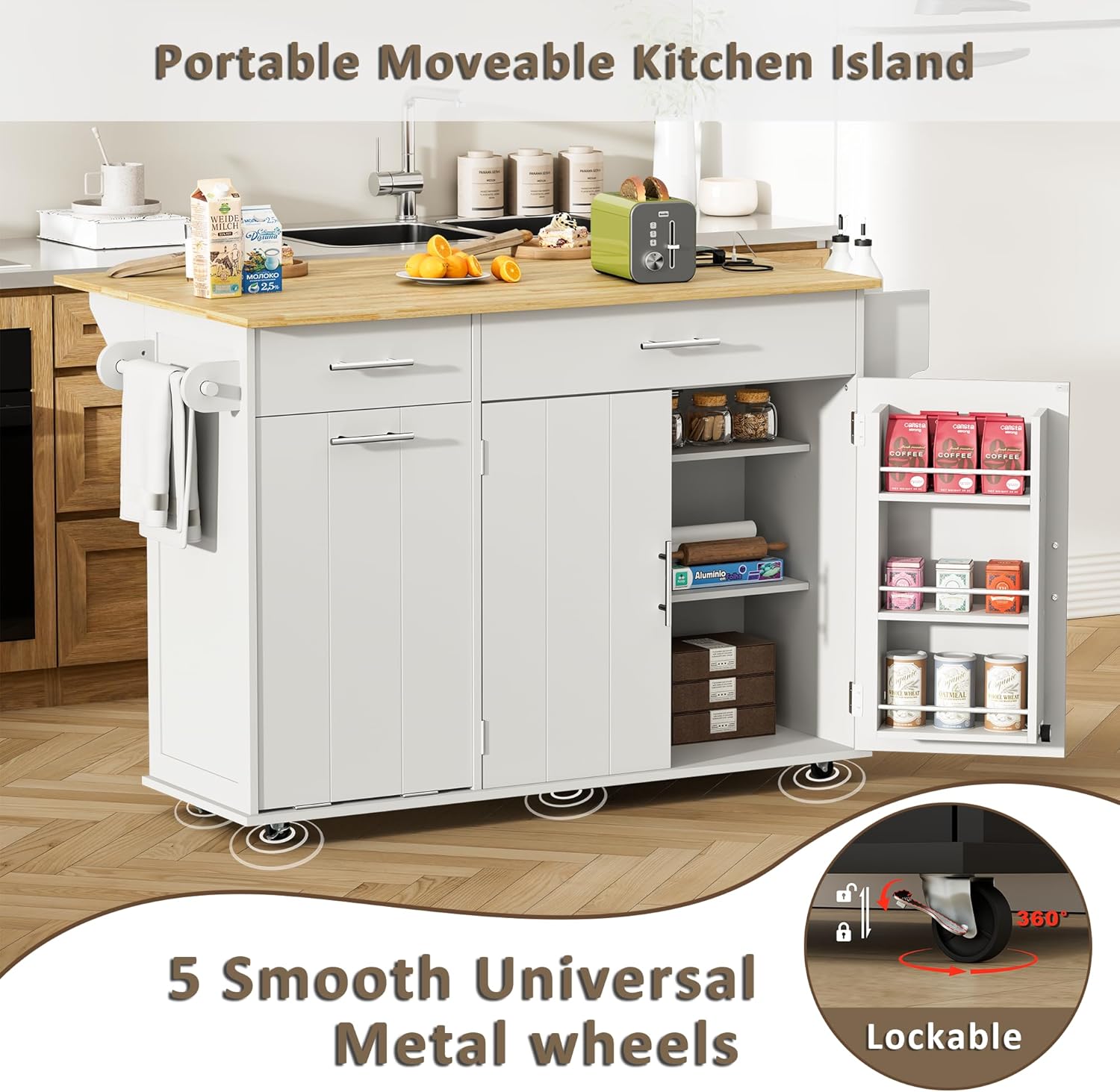 HQZX Rolling Kitchen Island with Trash Can Storage, Portable Kitchen Island Cart on Wheels with Drop Leaf & Power Outlet, Towel Rack & Spice Rack, Large Mobile Island Table for Kitchen, White