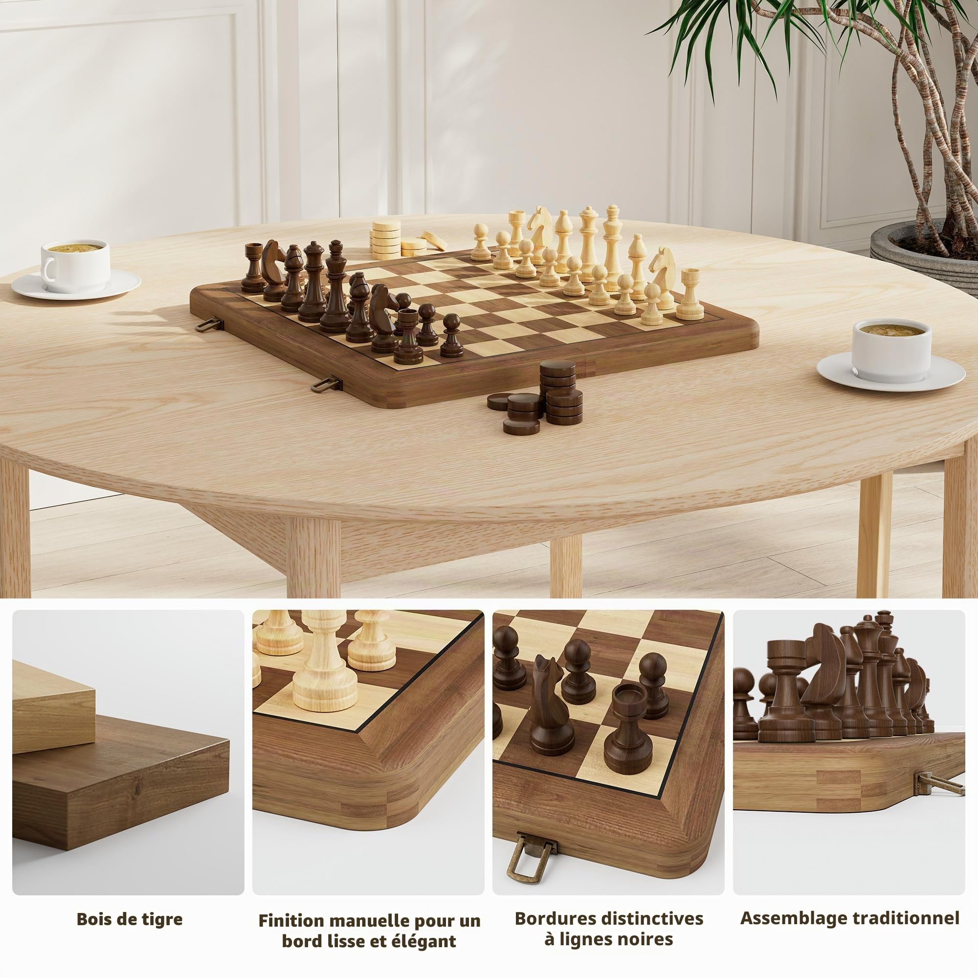 Jeu d'échecs magnétique en bois - Échiquier artisanal avec motif bicolore et boîte de rangement pour adultes et collectionneurs