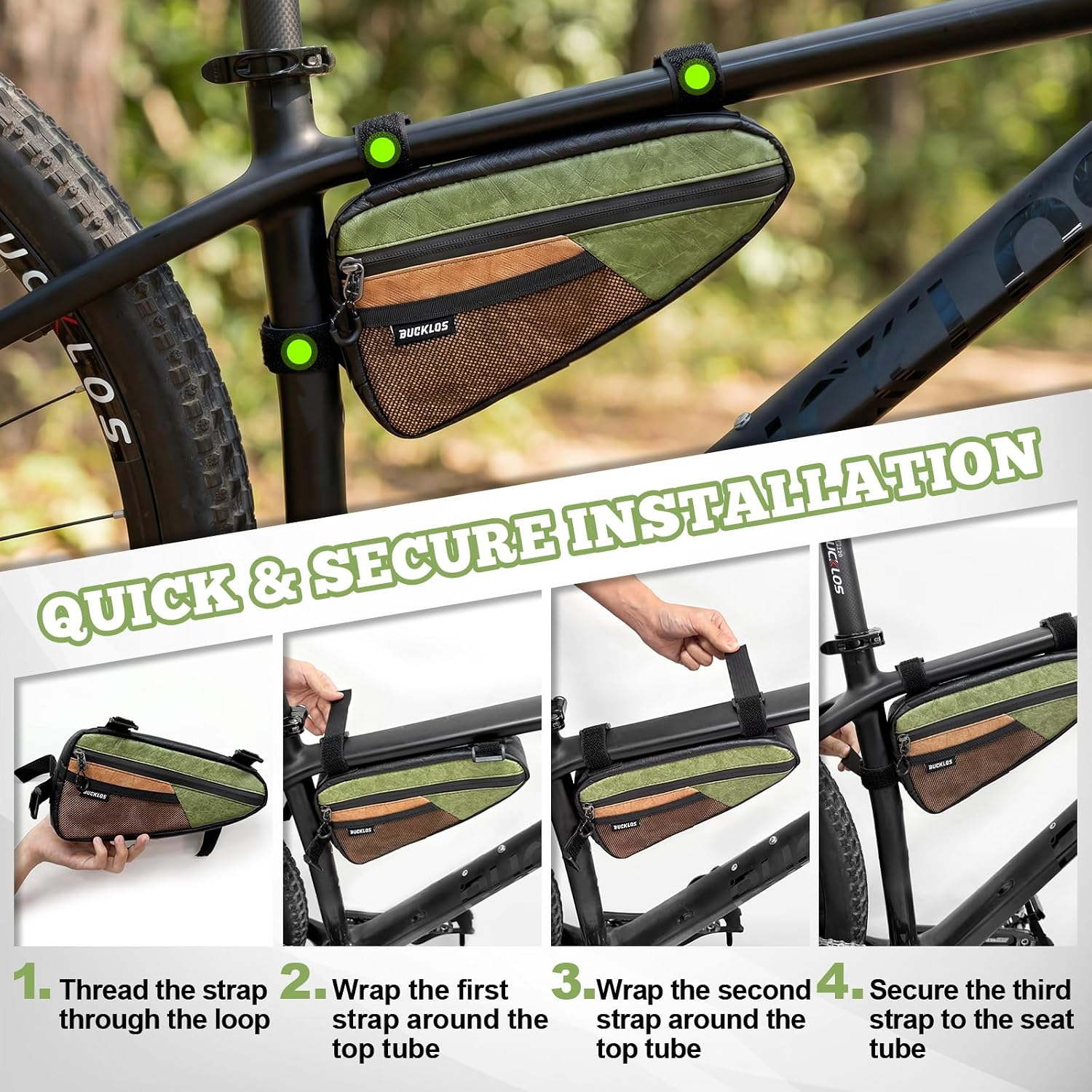 BUCKLOS Bike Frame Triangle Bag, 0.85L TPU Polyester Waterproof Bicycle Top Tube Bag, Strap-On Under Seat Storage Pouch with Sealed Zipper for Mountain Road Bike Cycling Accessories