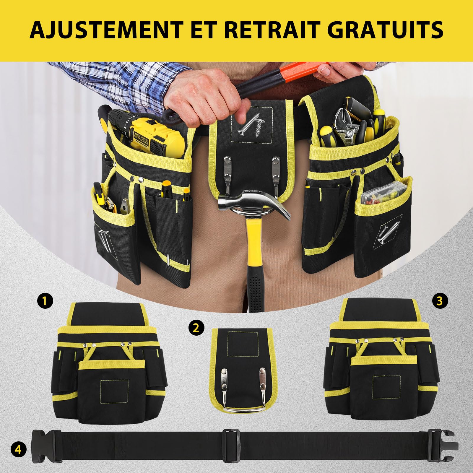 Ceinture Homme Porte Outil, Ceinture à Outils avec 26 Poches, Ceinture de Travail, Sac à Outils en Oxford avec Organisation des Outils Matériels pour Électricien, Charpentier, Construction