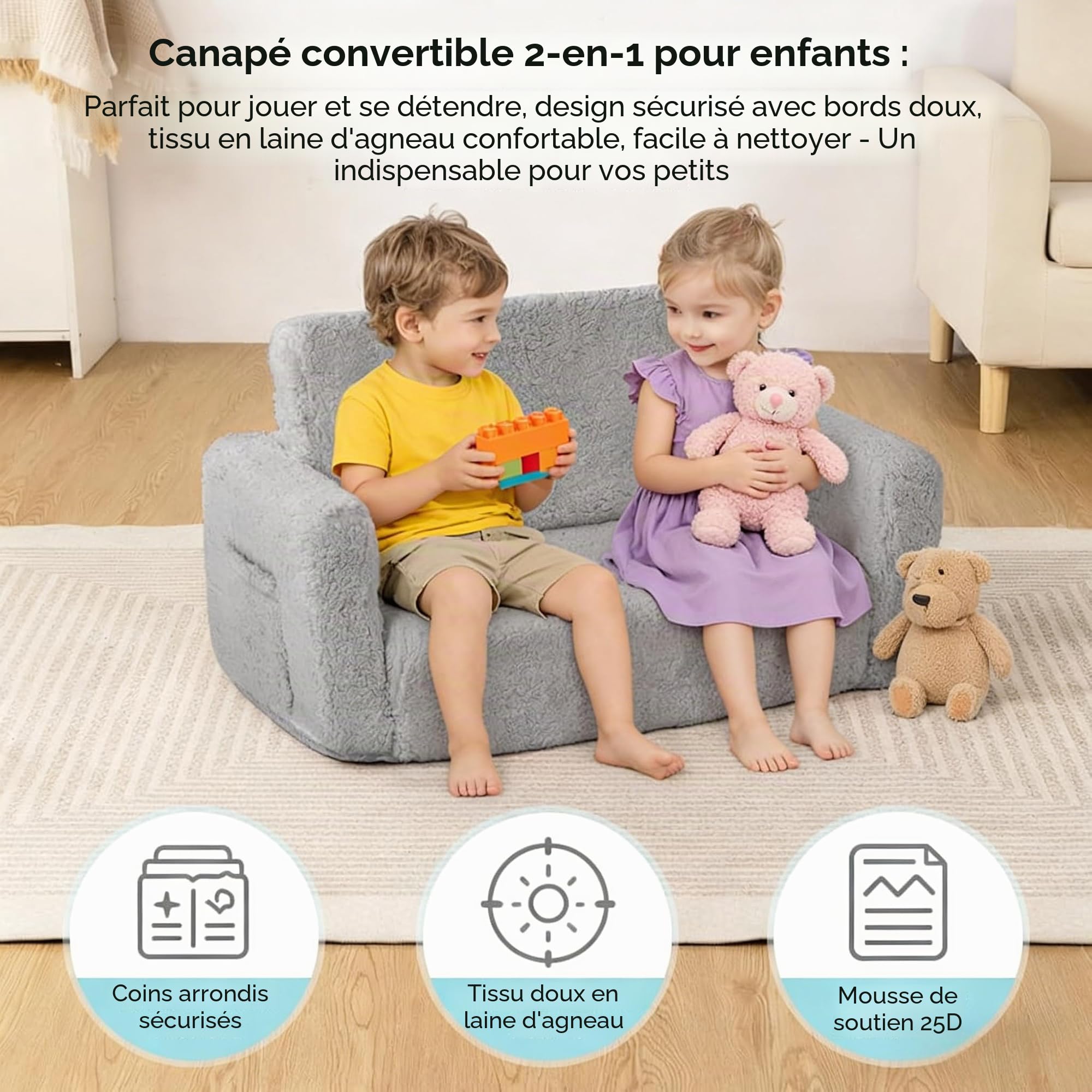 Canapé pour enfant pliable 2 en 1 pour enfants à partir de 1 an et canapé pour enfants avec housse amovible – Coin douillet pour chambre d'enfant, doux et sûr pour filles et garçons (gris)