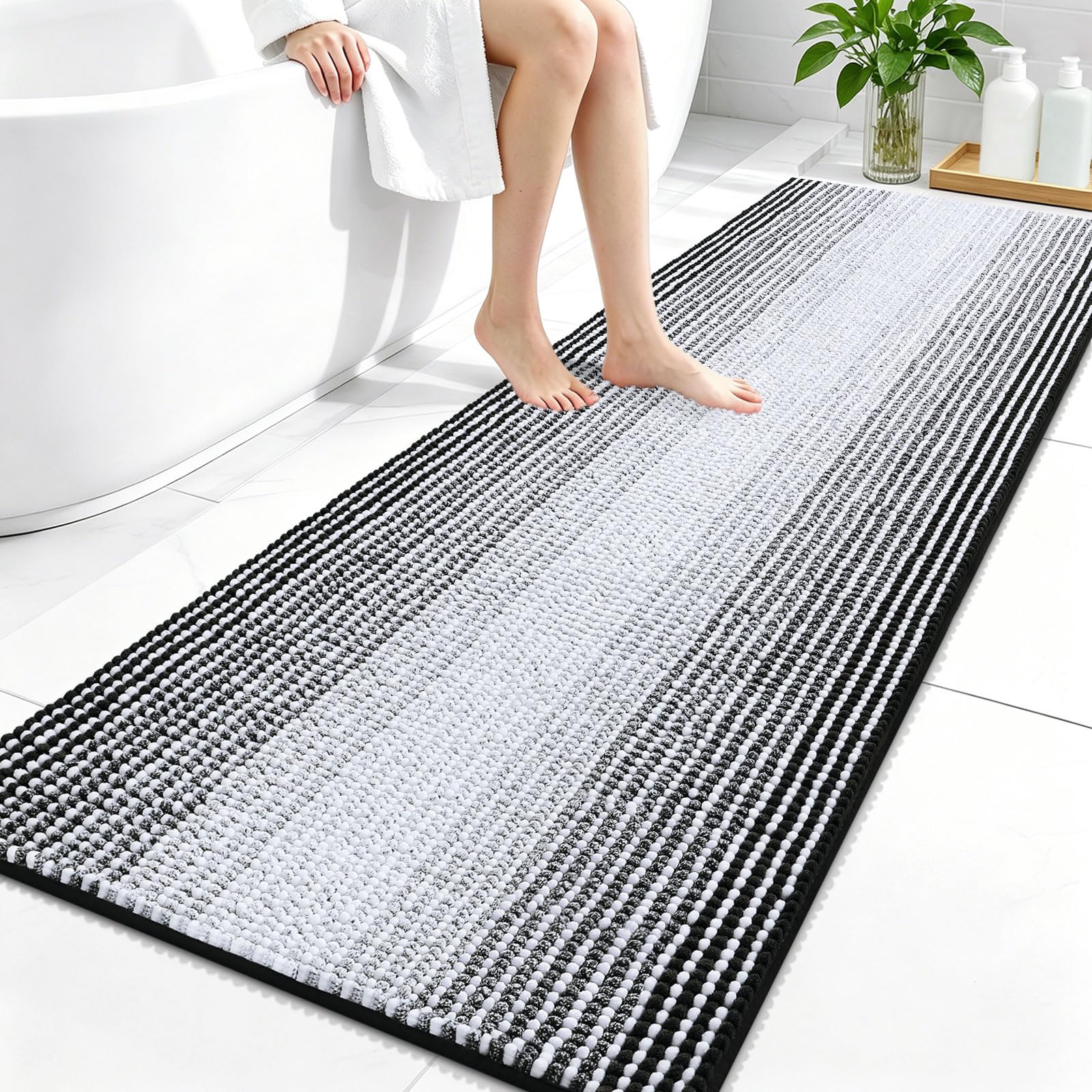 OLANLY Bathroom Runner Rugs 59x24, Soft Chenille Striped Bath Rugs, Black