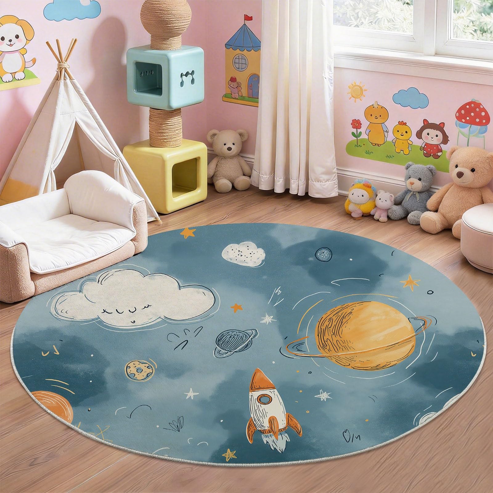 Rakete Planeten Runder Teppich rutschfest 150 cm für Esszimmer & Flur, Blau für Esszimmer & Flur, Cartoon Spaß Weltall Weicher Kurzflor Teppich Waschbar Pflegeleicht