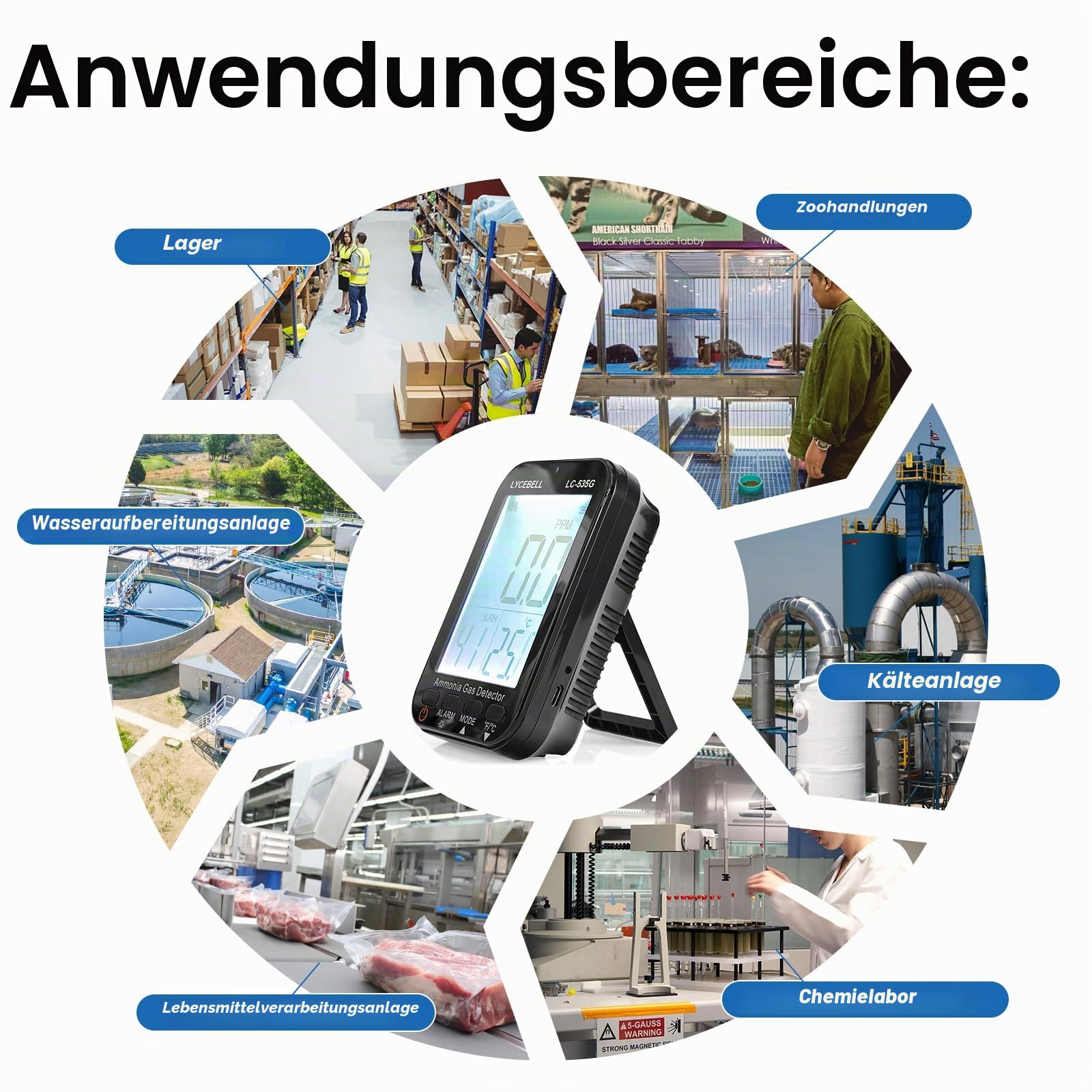535G Ammoniak-Gasdetektor, NH3-Monitor 0-100ppm mit Doppelalarm, wiederaufladbarer tragbarer Gasleckdetektor für Bauernhöfe/Industrie/Haus, Temperatur- und Feuchtigkeitsanzeige