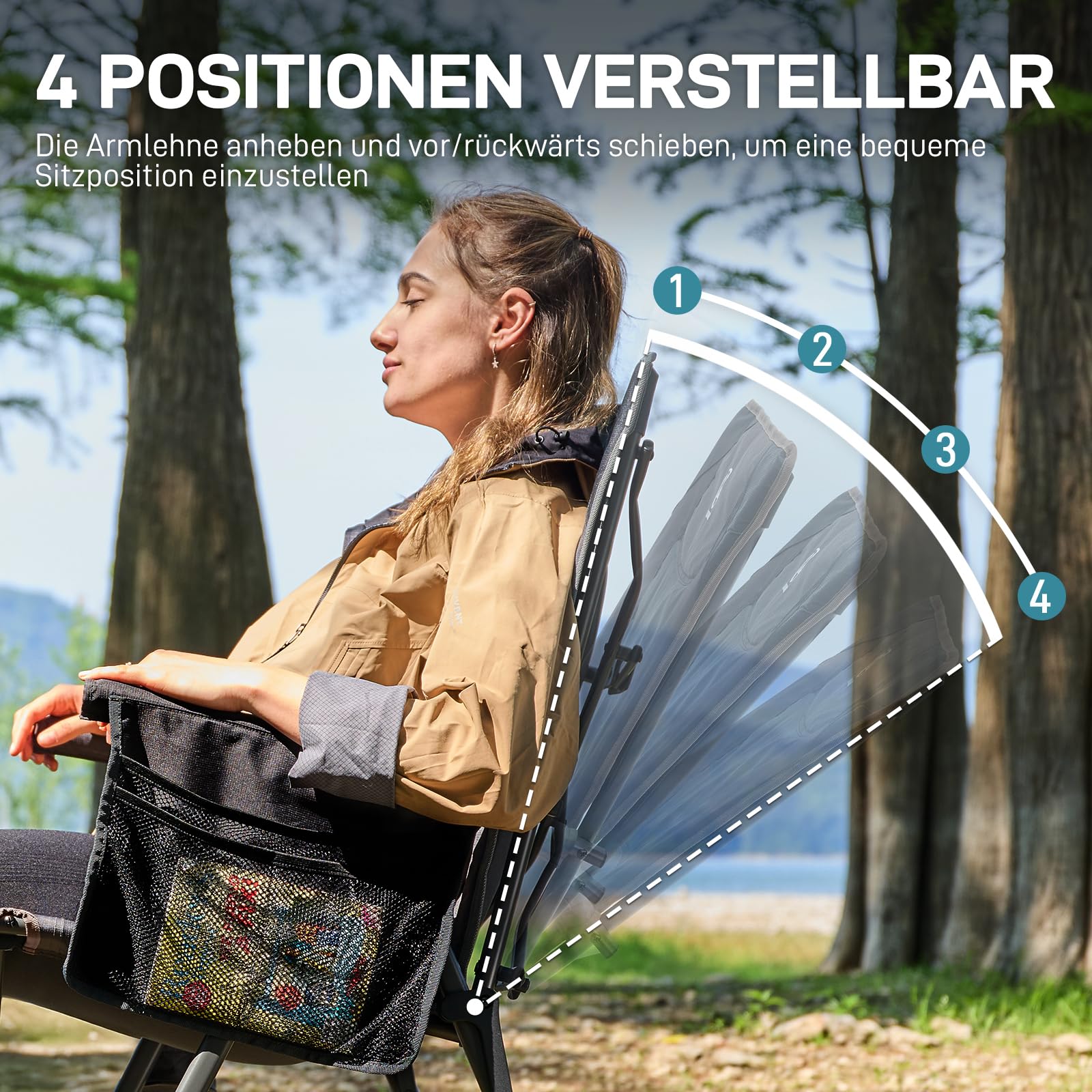 EVER ADVANCED Campingstuhl Faltbar Rückenverstellbar in 4 Positionen 160KG Belastbar, Klappstuhl Recliner Campingstuhl Klappbar mit Seitentasche & Getränkehalter, Angelstuhl für Camping Garten Balkon