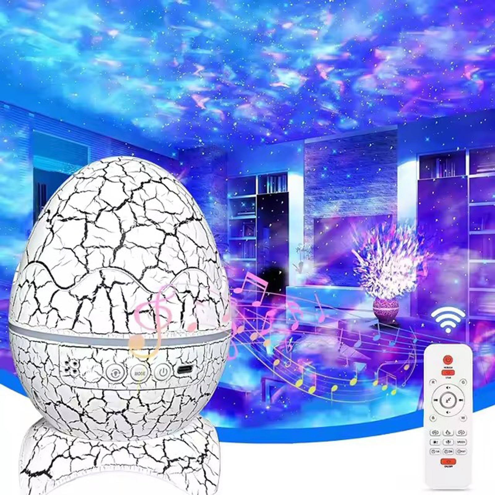 Dinoglow 4 in 1 Northern Lights Projector, Dinosaur Egg Star Projector with Wireless Music Player, Night Light with White Noise Gift for Kids