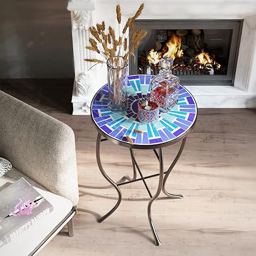Miniatura 8 de Mosaic - Mesa auxiliar para exteriores, mesa auxiliar de patio, resistente a la intemperie, 14 pulgadas de diámetro, 21 pulgadas de alto, mesa