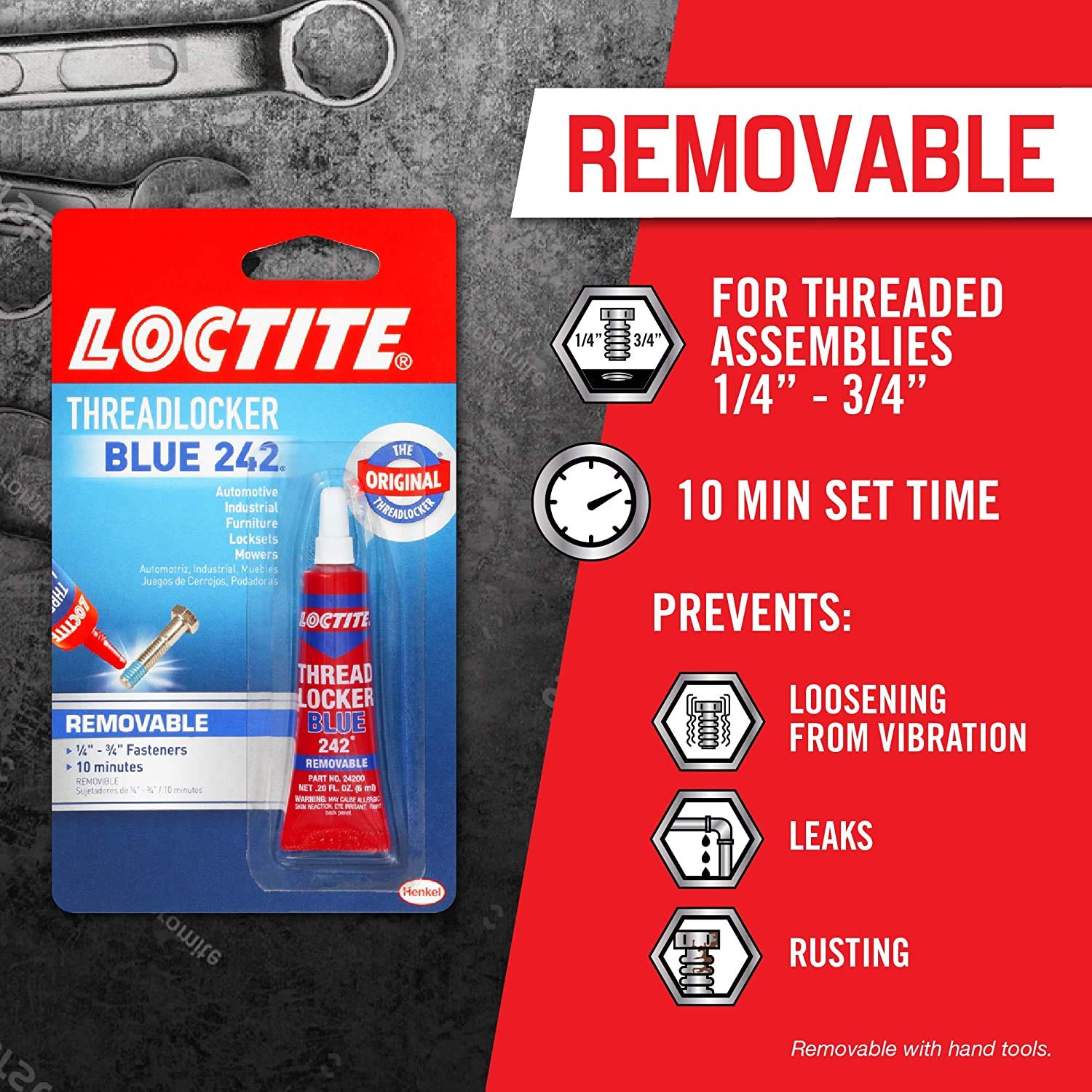 Loctite Threadlocker Blue 242 - Removable Thread Lock Glue for Nuts, Bolts, & Fasteners, Medium Strength Screw Glue to Prevent Loosening & Corrosion - 6 ml, 12 Pack