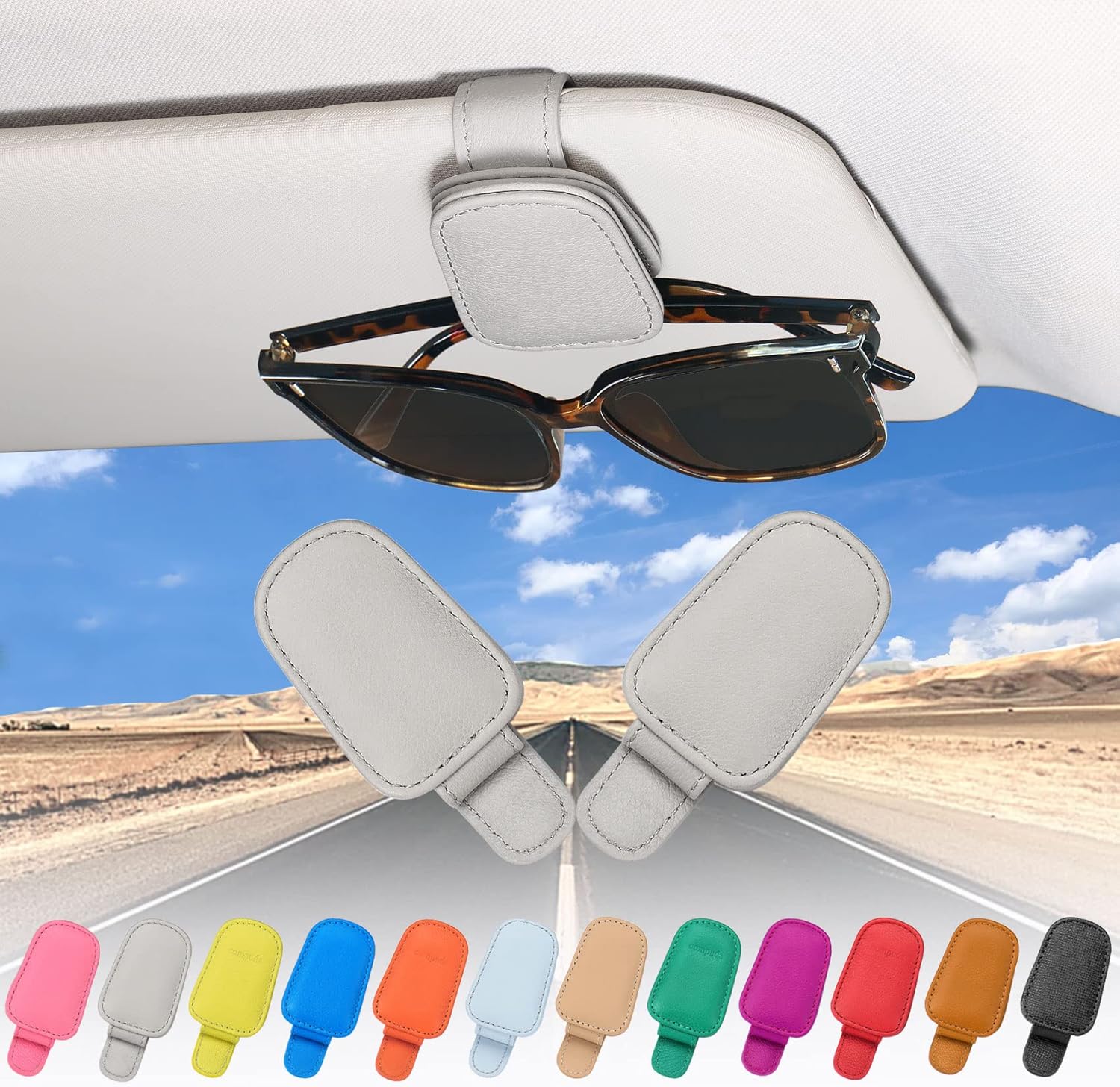 2 Packs Sunglasses Holder for Car Visor, Genuine Leather Car Sunglass