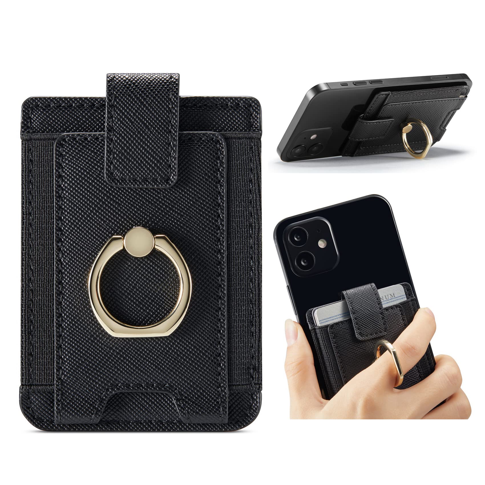 Lnobern Large Capacity Premium PU Leather Phone Card Holder Stick On Wallet with Ring Kickstand Compatible with iPhone and Android Smartphones (Black)