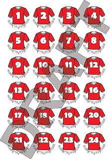 24, 48 or 72 Christmas Advent Calendar Stickers - Football Shirt design - Red/White, Numbers with Sleeps 'Til Xmas (24)
