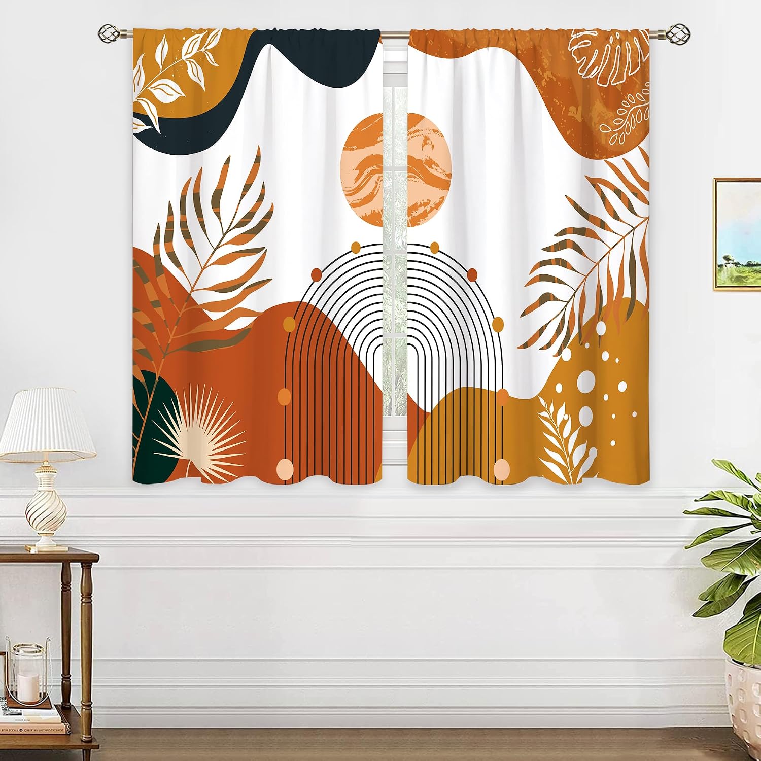 Orange Abstract Mid Century Small Kitchen Curtains Leaf Window Treatment Boho Modern Cafe Short Window Curtains for Bathroom Dining Room Minimalist Geometric Tier Treatment Drapes 27.5x39 inch image 4