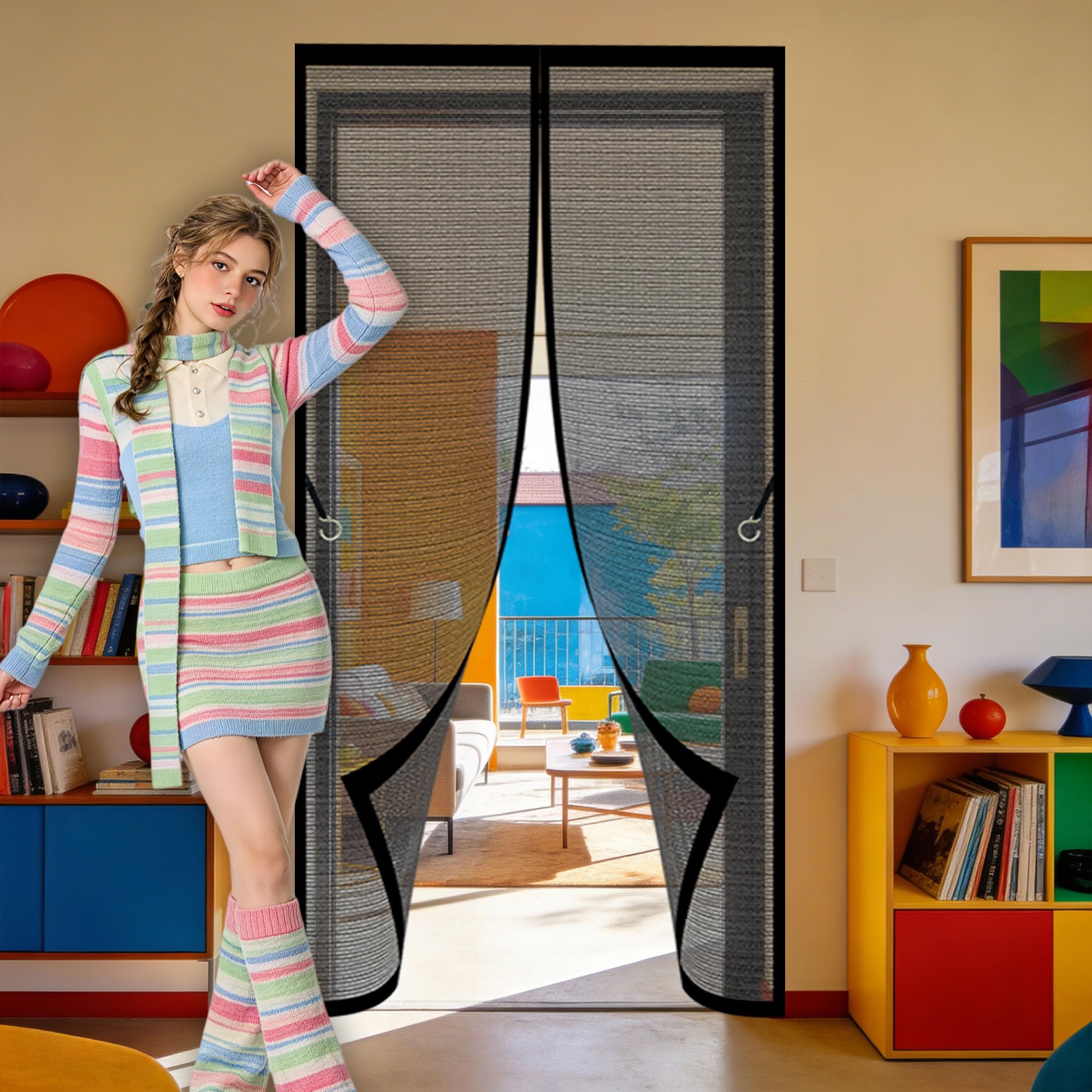 Magnetic Insect Screen Door 86 x 258 cm Hands Free Closing Fly Screen Door with Magnets Keep Fresh Air in Bugs Out for Living Room, Bedroom, Patio, Black