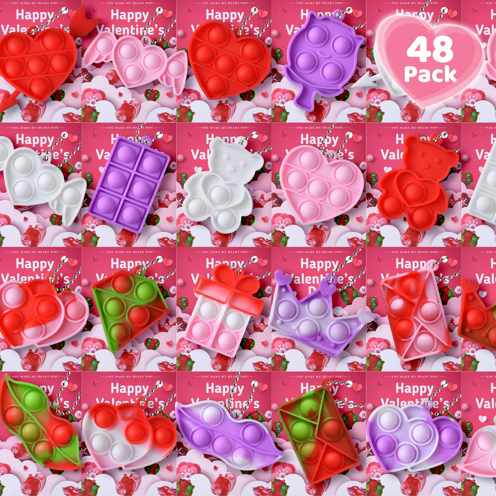 48 Pcs Valentines Day Mini Pop Fidget Toy with Valentines Day Gifts Cards  for Kids Keychain Pop Bubbles Bulk Valentine Exchange Cards for Boys Girls