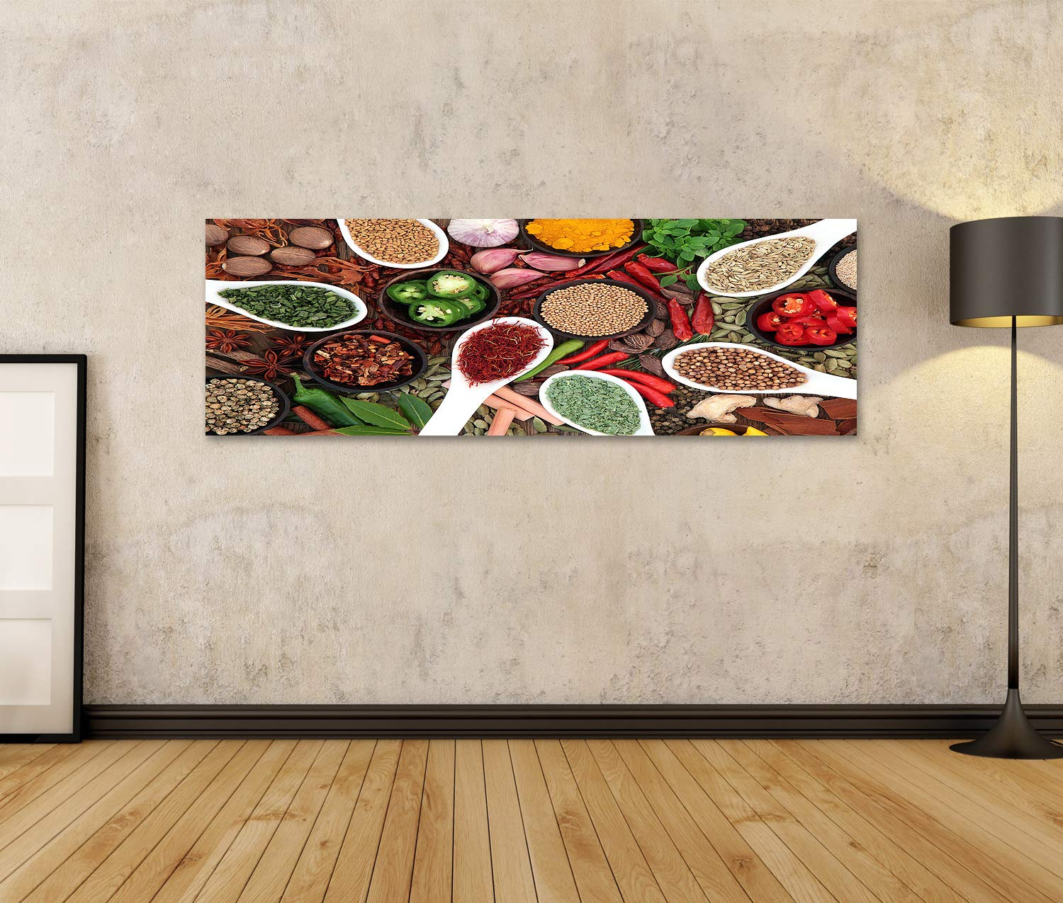 islandburner Quadro su tela Grande collezione di spezie ed erbe in ciotole e cucchiai che formano uno sfondo astratto Stampe Arte Poster Murale