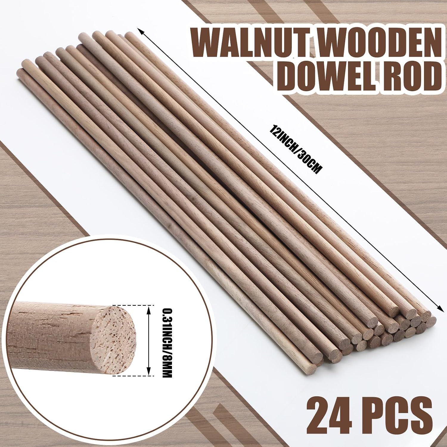 Wenqik Wooden Dowel Rods Walnut Dowel Rod Sticks for Crafts Round Unfinished Wood for Crafting Woodworking Building Material(24 Pcs,5/16 x 12 Inch)