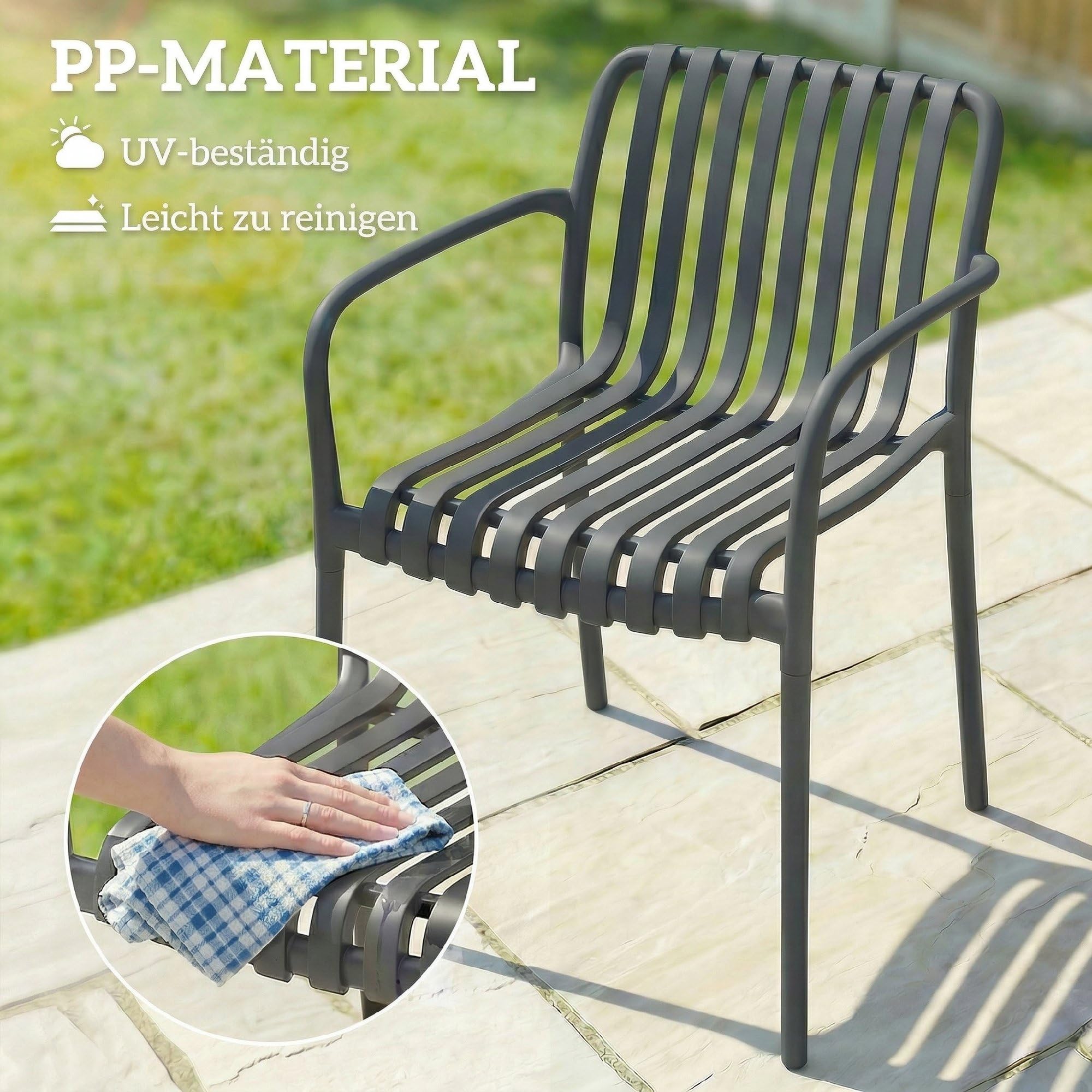 Outsunny Gartenstühle 4er Set Stapelbare Terrassenstühle mit Lamelldesign Armlehnen, Ergonomisch Balkonstühle bis 120 kg Stapelstühle für Garten, Balkon, Terrasse 55 x 58,5 x 81,5 cm Dunkelgrau