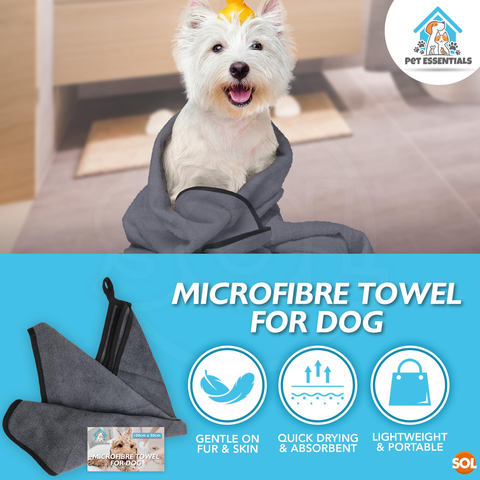 SOL Microfibre Towel for Dog 100cmx50cm Dog Towel for Drying Dogs Quick Dry Absorbent Pet Towels, Soft - Image 3
