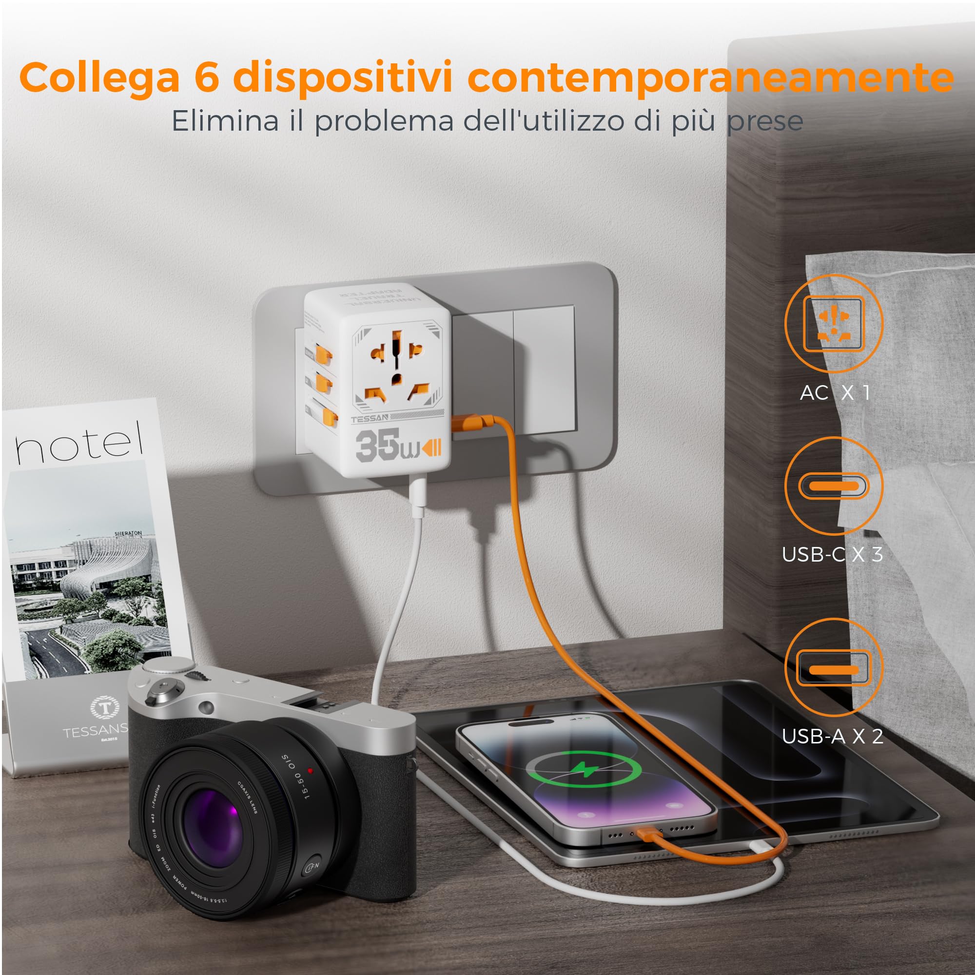 TESSAN 35W Adattatore Universale da Viaggio, Caricatore 35W, Presa Universale da Viaggio con 2 USB A e 3 USB C, Adattatore Presa Internazionale per UK, USA, Australia, Tailandia, Giappone