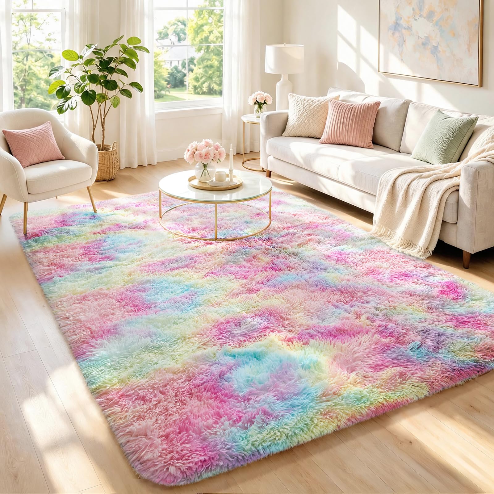 Ophanie Rainbow Rug for Bedroom Girls,Unicorn Colorful Fluffy Soft Cute Fuzzy Area Rugs,Shag Plush Shaggy Bedside Floor 4x6 Furry Carpet for Kids Baby Teen Dorm Decor with Over 99 pcs Pile fibers