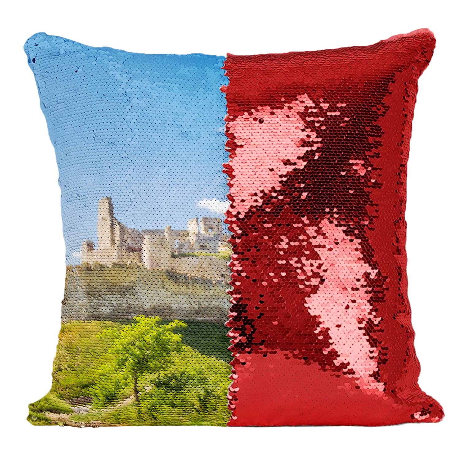 Coussin paillettes rouge ruine chateau medieval pour canape