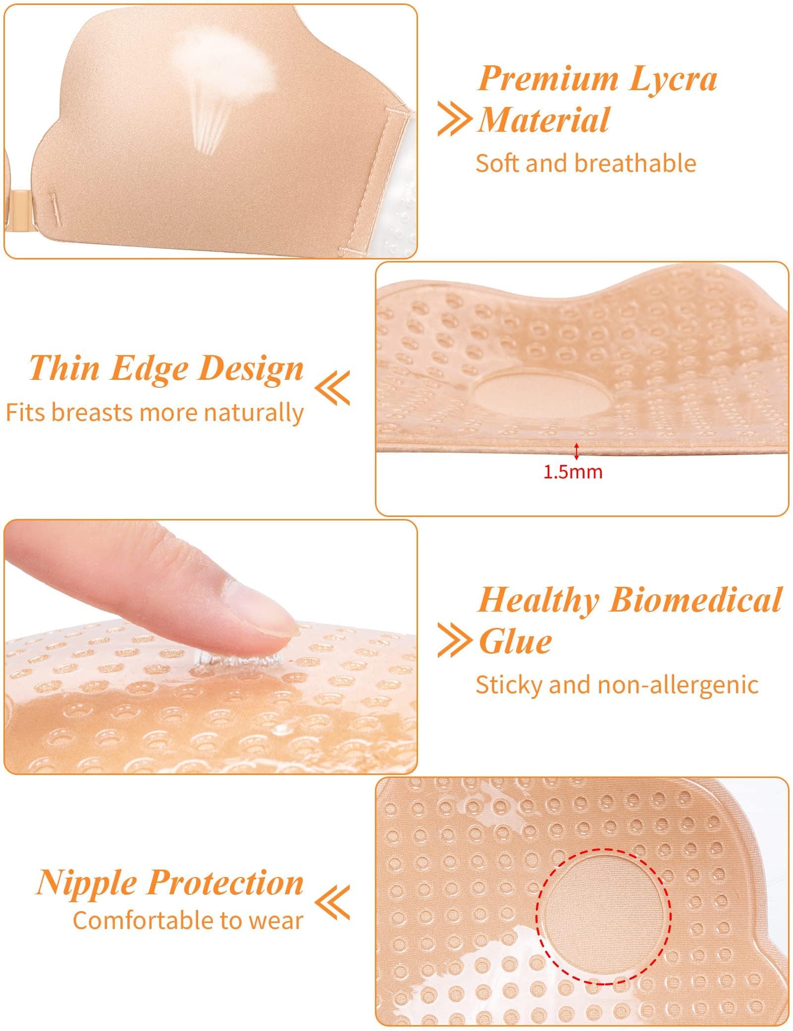 MELLIEX Soutiens-Gorge Adhesif Push Up Invisible Autoadhésifs Soutien Gorge Dos Nu Auto-adhésifs Bra sans Bretelles Femme Réutilisables Soutien Gorge, Nude