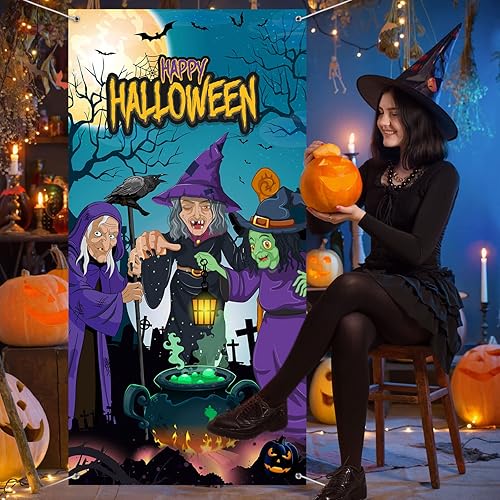 Miniatura 5 de Juego de puerta de bruja de Halloween, decoración de fiesta de Halloween, fondo de bruja, cartel de decoración de pared de Halloween, suministros de
