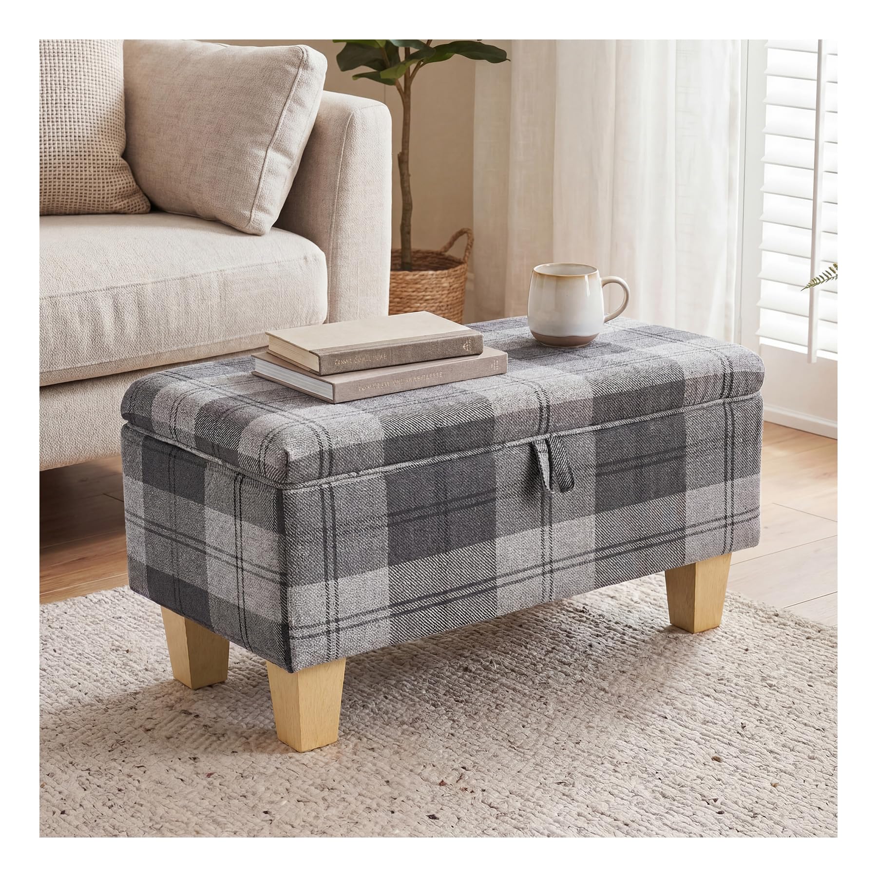 INMOZATA Linen Footstool with Storage Upholstered Ottoman Footstool Storage Stool Change Shoe Footrest with Legs for Living Room Bedroom (Grey Tartan)