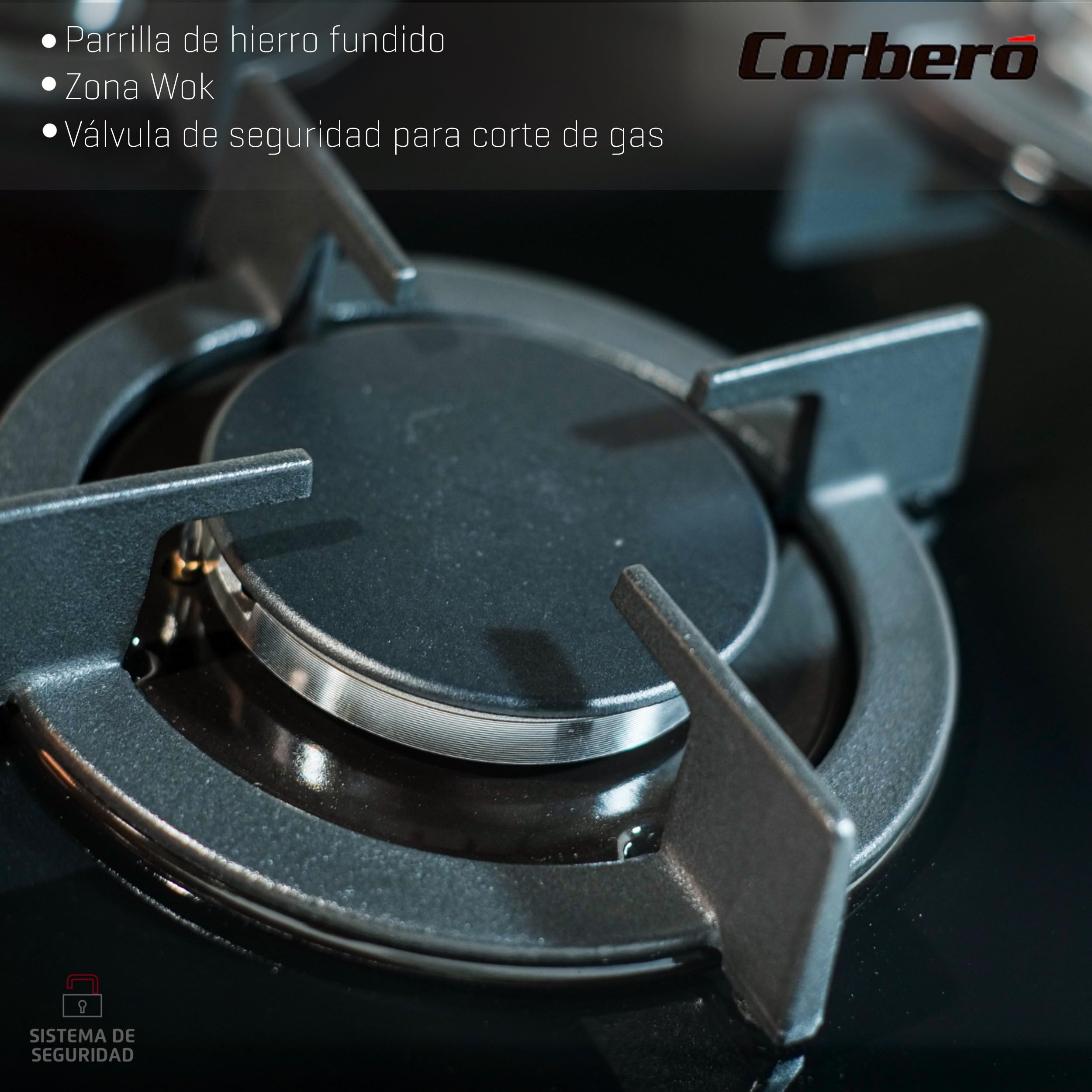 Corberó - Placa Cristal Gas butano |CPCGY2303N | 3 Fuegos | Potencia 7,75KW | Zona Wok | Sin Autoencendido | Desconexión Automática | Parrilla Hierro Fundido | Kit de conversión a gas natural | Negro — view 3