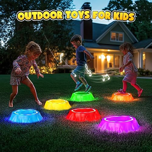 Miniatura 7 de Flooyes Stepping Stones para niños, 6 piezas de piedras antideslizantes con luz y música, juguete sensorial para habilidades de equilibrio y