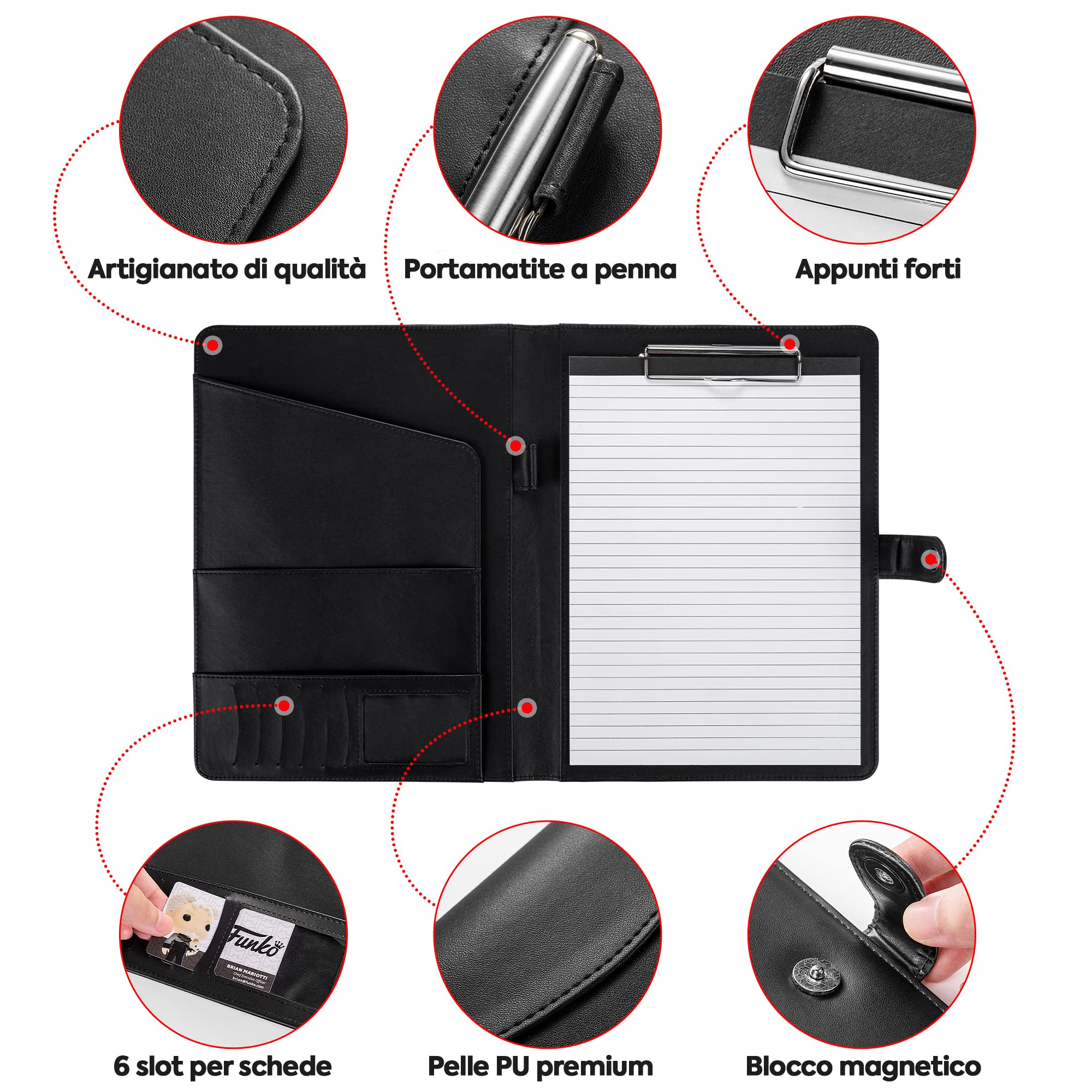 Cartellina Portadocumenti A4 in Pelle PU con Portablocco, Blocco Note, Organizer Documenti e Chiusura Magnetica