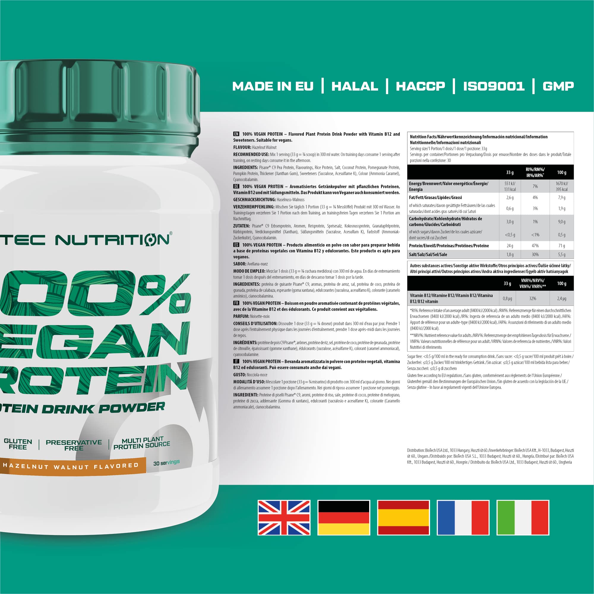 Scitec Nutrition 100% Vegan Protein - 5 sources de protéines d'origine végétale - enrichi en vitamine B12-33g par portion - Vegan, 1 kg, Noisette-Noix