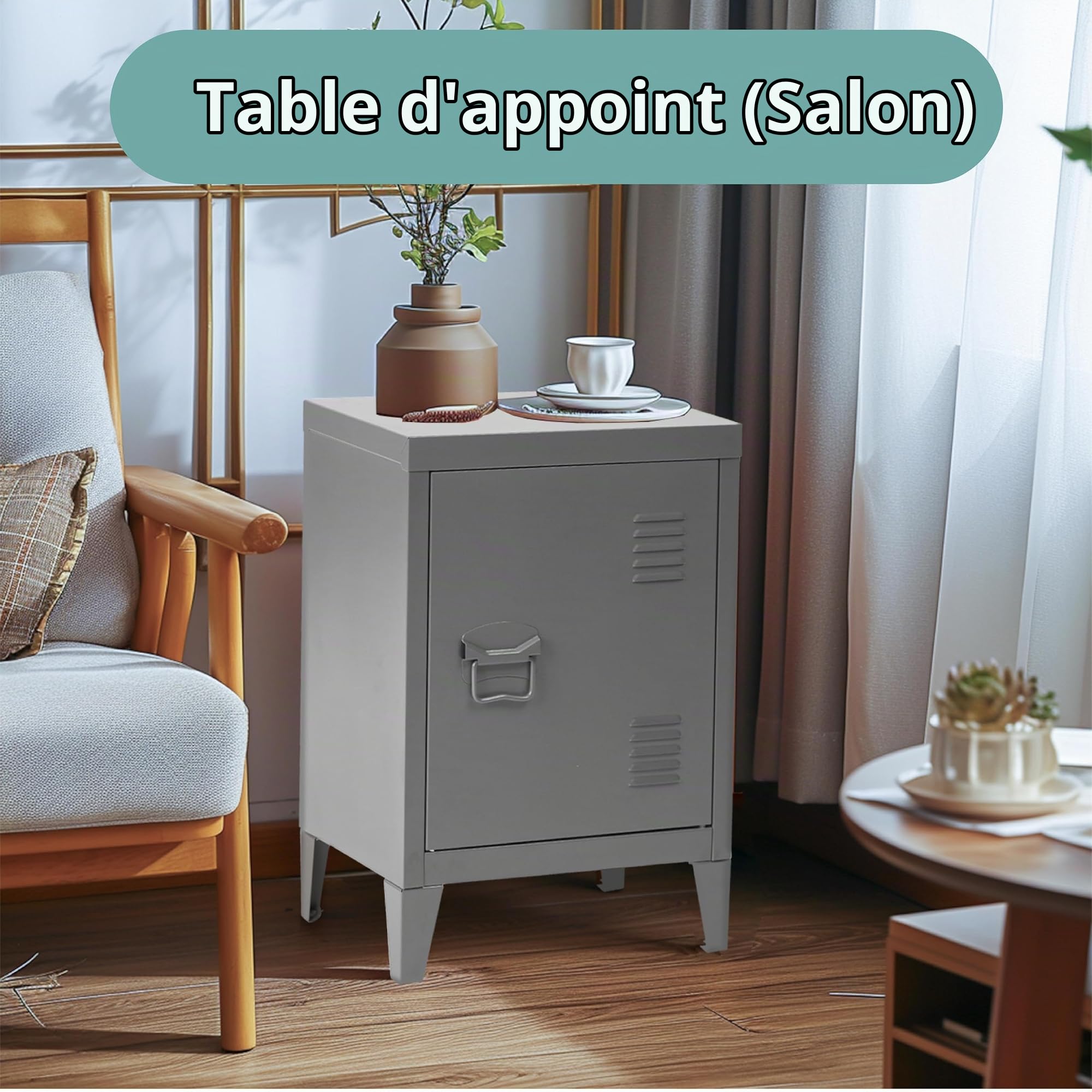 FurnitureR Armoire de Rangement pour Bureau, Unité de Rangement, Petit Meuble de Classement, Placard en Métal avec Portes Affleurantes, 2 Compartiments, pour Garage, Bureau, Gris