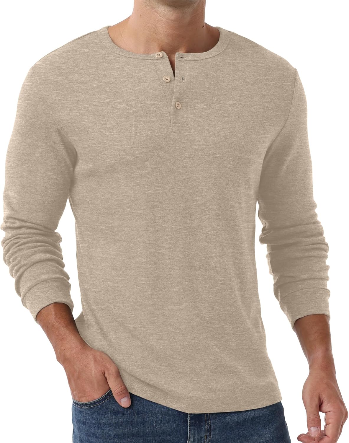 Men's Henley Shirts Long Sleeve Button T-Shirt Casual Stylish Thermal Pullover Shirt Beige