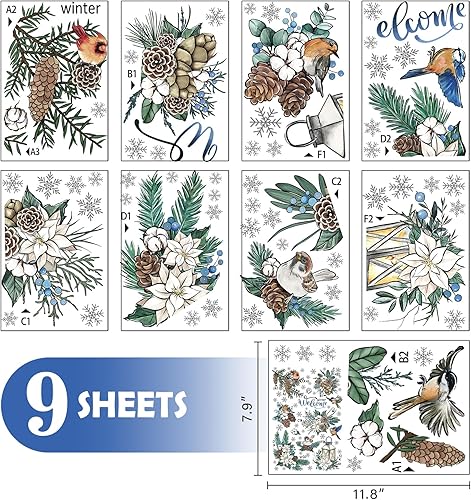 Miniatura 2 de Mfault 152 calcomanías de pared de pájaros de bienvenida de invierno, 9 hojas, ramas de flores de pascua, chickadé, copos de nieve de pájaro azul,