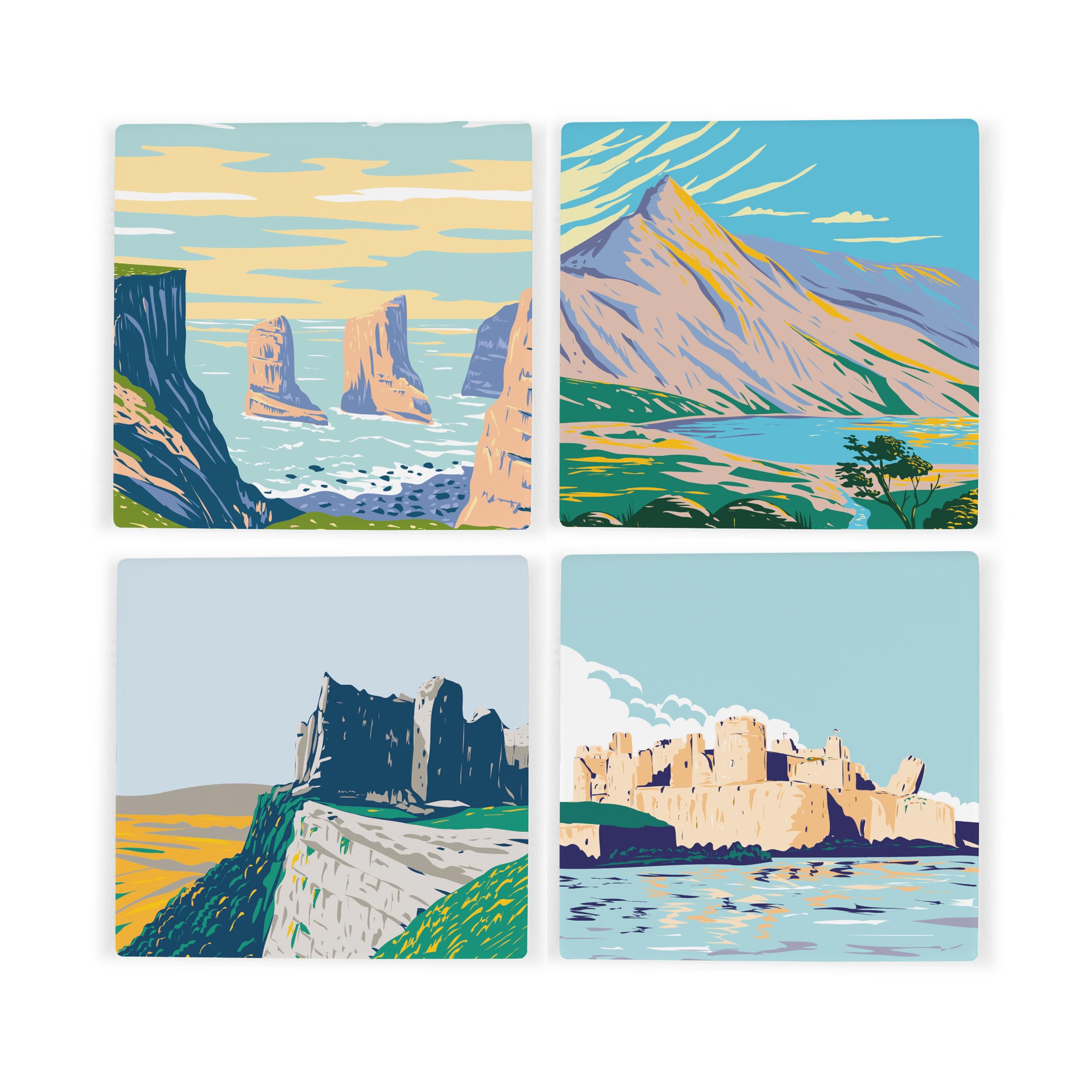 Purely Home Wales Ceramic Coaster Set - Uk Welsh Landmarks/Landscapes Square Set Of Four (4) Coasters Gift