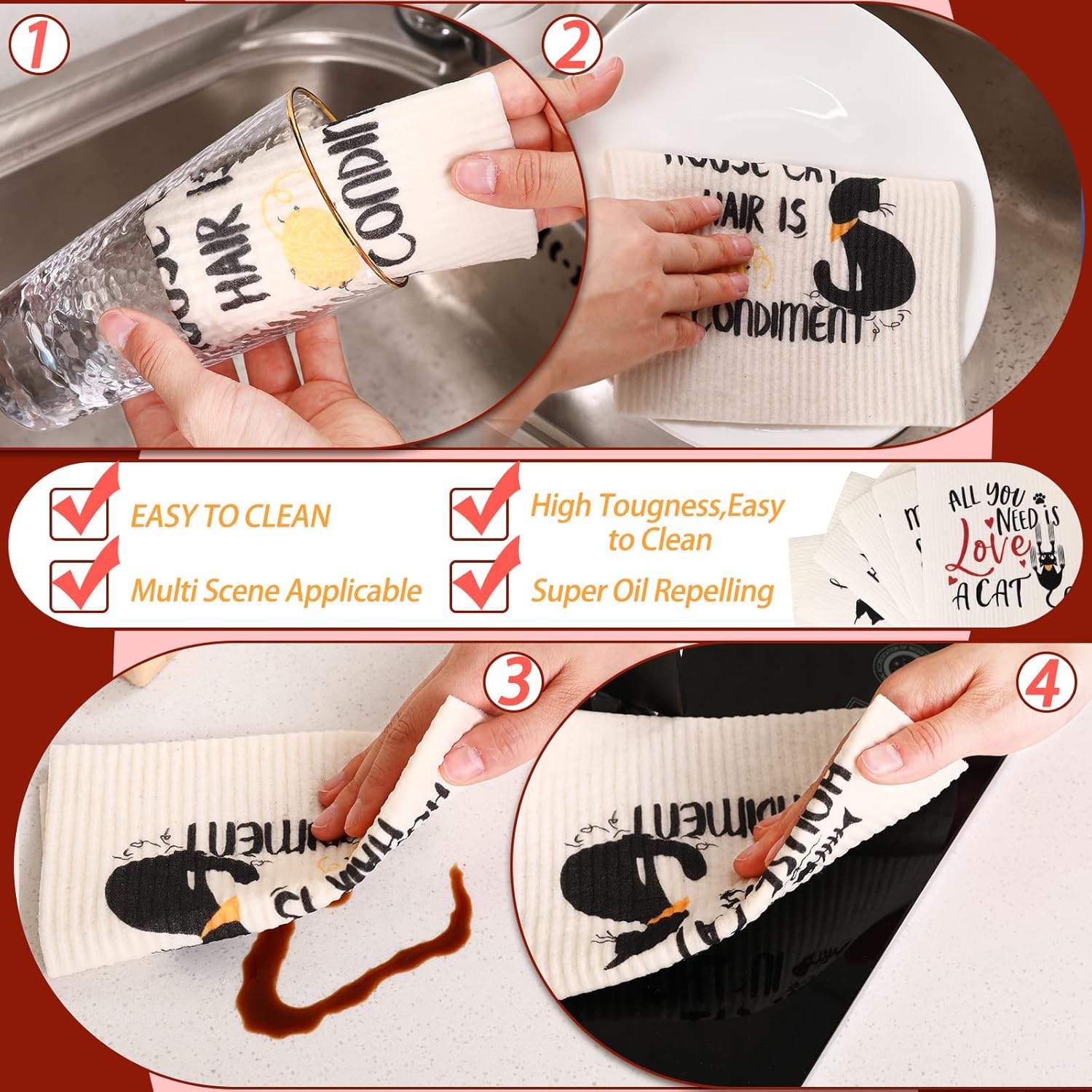 Hoolerry 6 Pcs Funny Black Cat Swedish Kitchen Dishcloths, Reusable Sponge Swedish Cleaning Cloths Washable Dish Cloths Absorbent Christmas Decorative Kitchen Towels Housewarming Gift for Bathroom - Image 6
