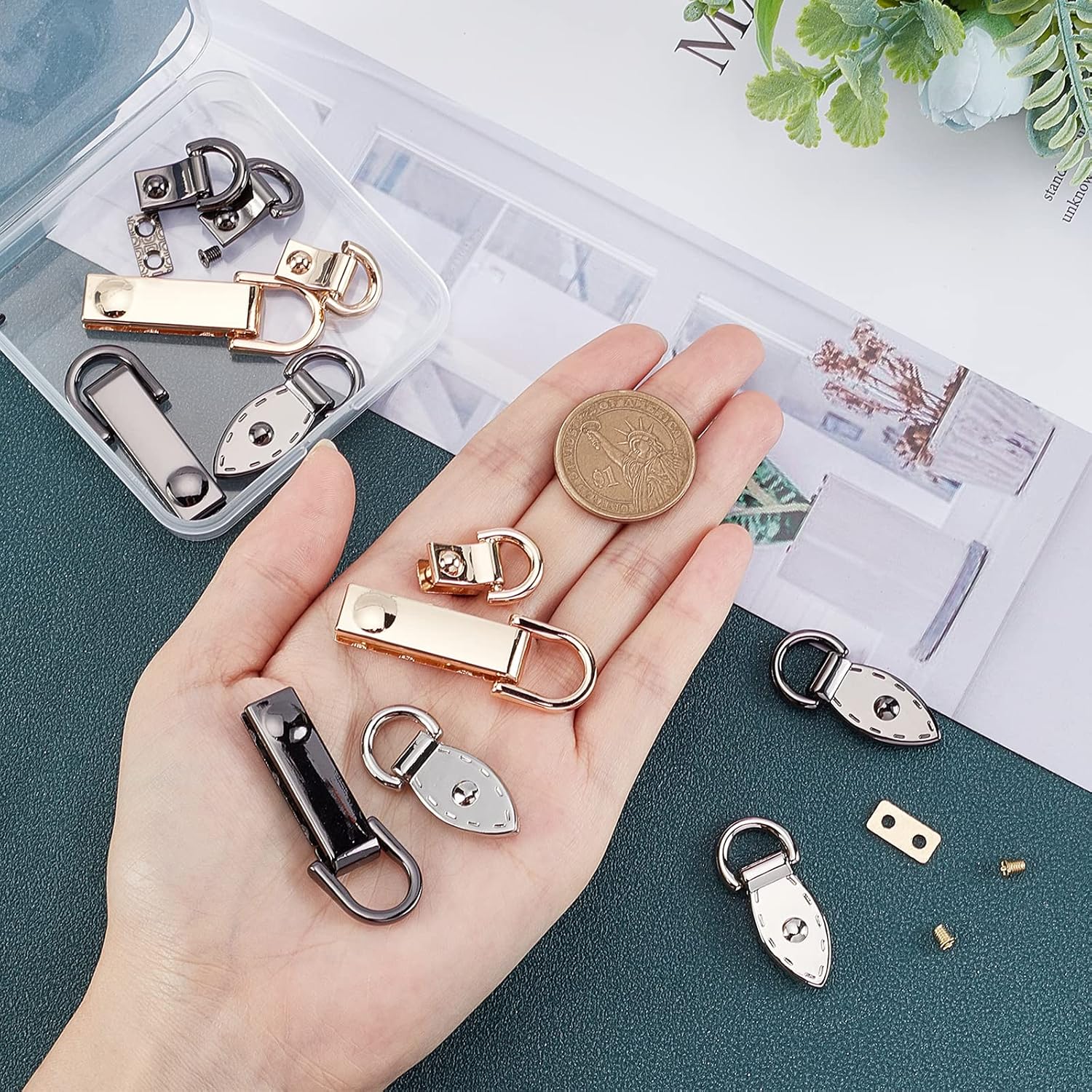 WADORN 12 Pack Metal Bag Connector with D Ring, 6 Styles Metal Purse Strap Hardware Purse Suspension Clasp Handbag Side Clip Buckles Strap Connectors Hardware for DIY Leather Craft Bag Making