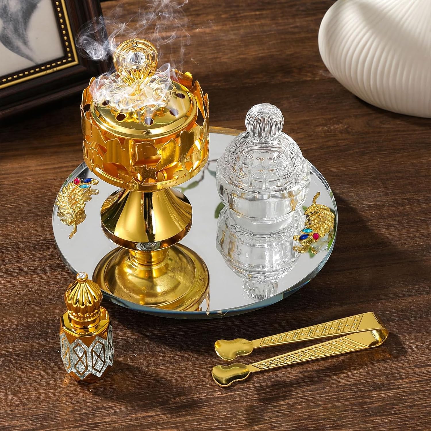 Elegant Metal and Glass Incenses Burners Set for Home Decoration Housewarmings with Essential Oil Bottle Jar