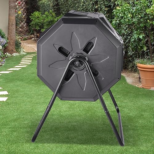 Miniatura 8 de VEVOR Contenedor de compostaje de doble cámara de 43 galones, compostador giratorio grande con 2 puertas correderas y marco de acero, vaso de