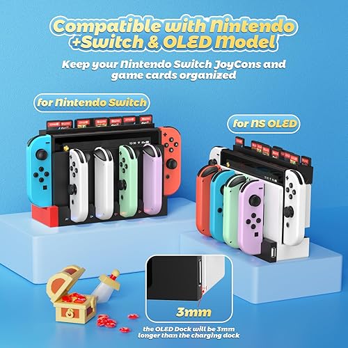 Miniatura 2 de FastSnail Cargador compatible con Nintendo Switch para Joy con, base de estación de carga y soporte de almacenamiento para tarjetas de juego con 28