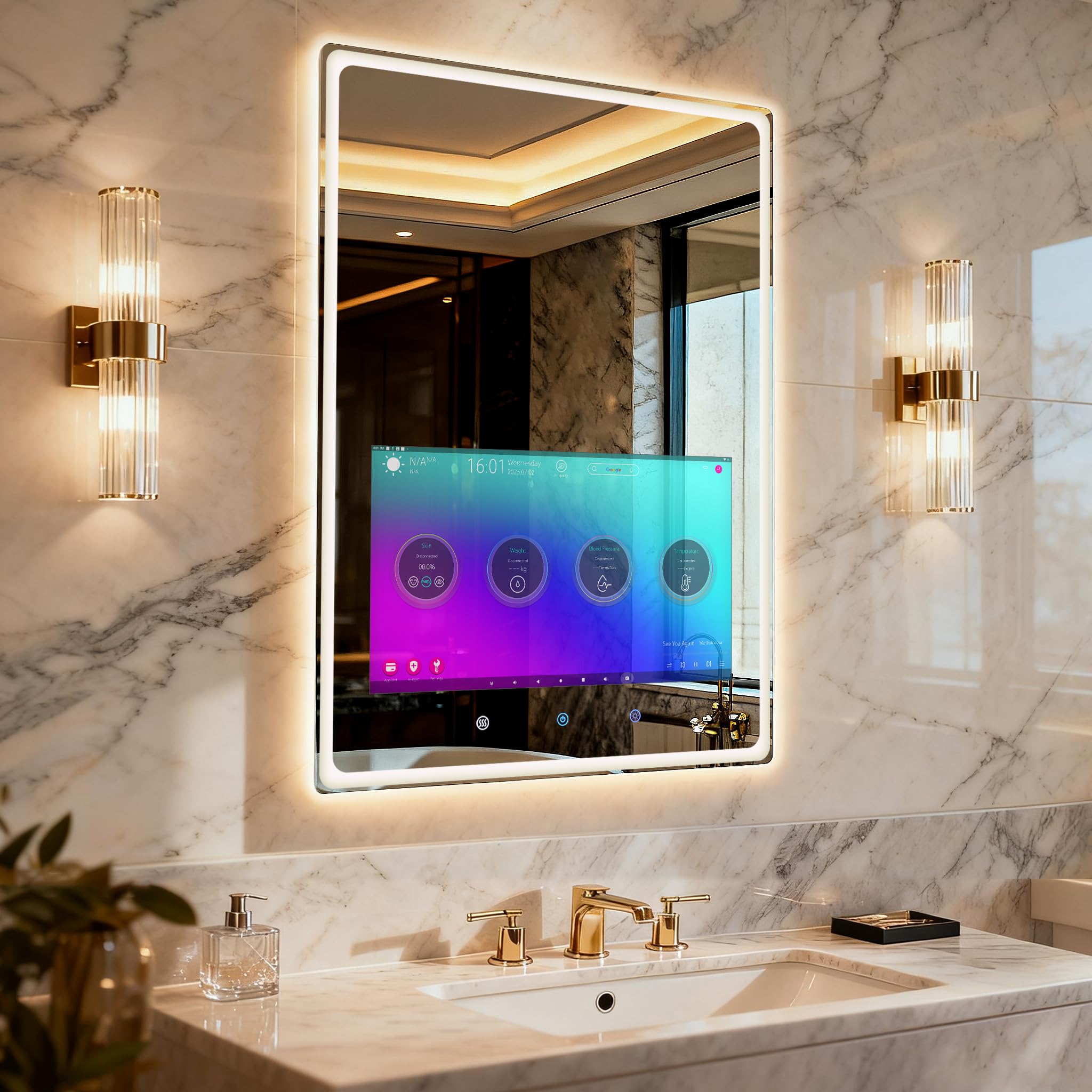 Photo 1 of YOURYOKE 24×32 Inch Smart Vanity Bathroom Mirror with 21.5" Waterproof Touchscreen TV, Android OS, Weather Clock Date,WiFi/Bluetooth/HDMI, Anti-Fog, 3-Color LED Lights,Bedroom,Hotel&Spa Wall Mounted