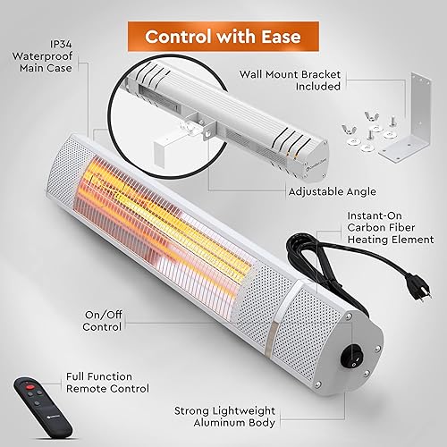 Miniatura 5 de Comfort Zone Calentador eléctrico para interiores y exteriores, control remoto, clasificación impermeable IP65, montaje en pared, protección contra