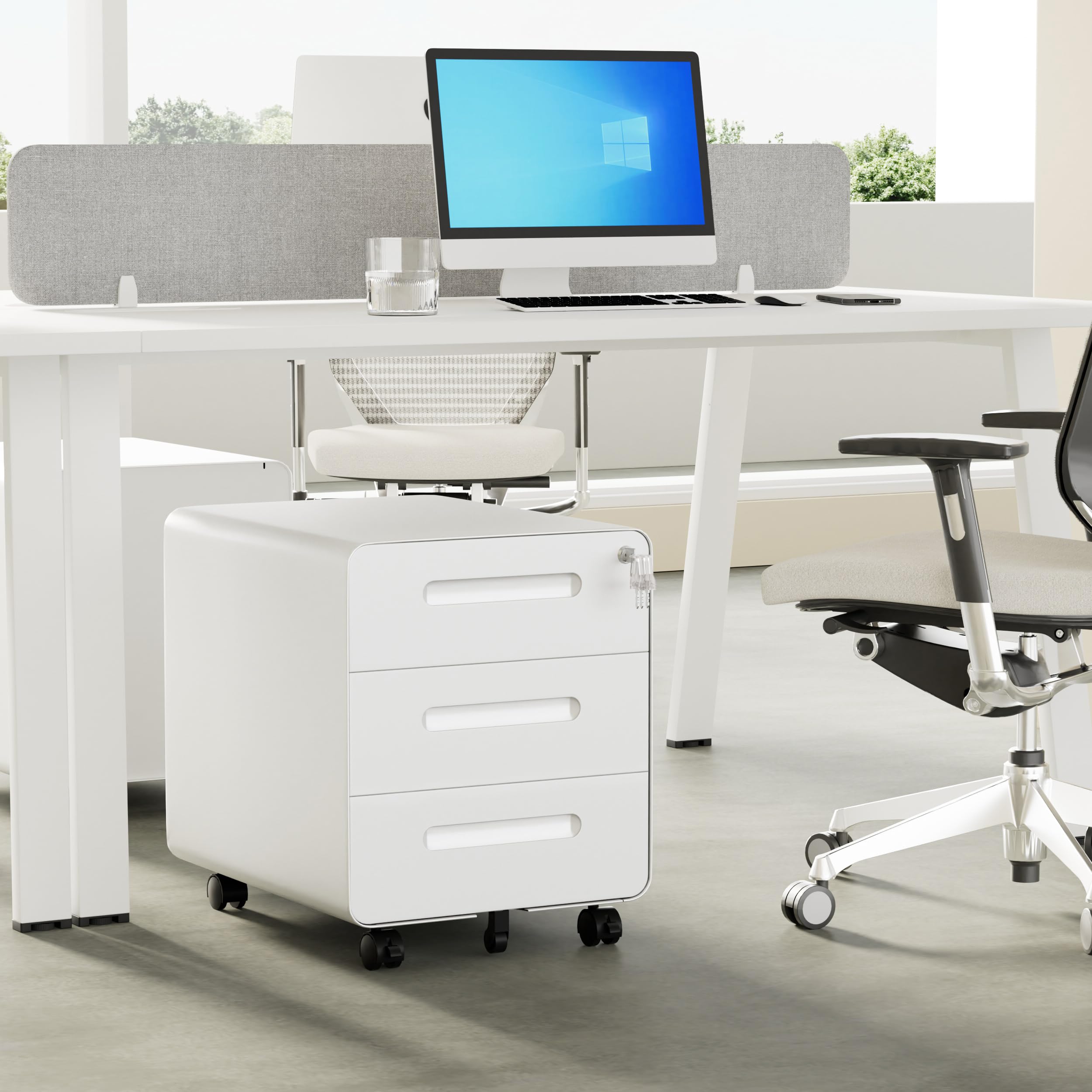 Cassettiera per Ufficio con 3 Cassetti, Design con Angoli Arrotondati, Schedario da Ufficio Bloccabile, Completamente Assemblata, Bianco