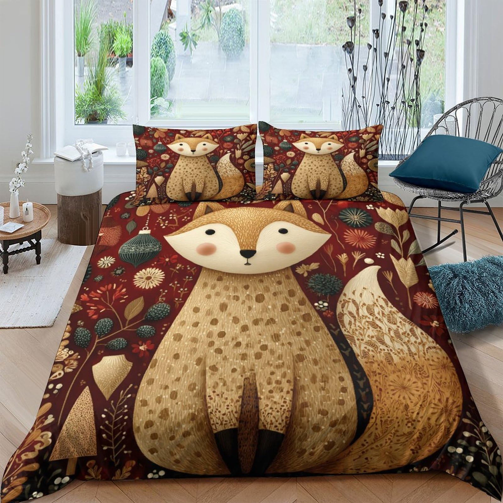 Ctjqhvkz Style-5 3D Printed Fox Forest Fitted Sheet Microfiber Soft Anti-Slip Bed Cover Autumn Leaves Bedroom Dorm Decor Single（135X200cm）