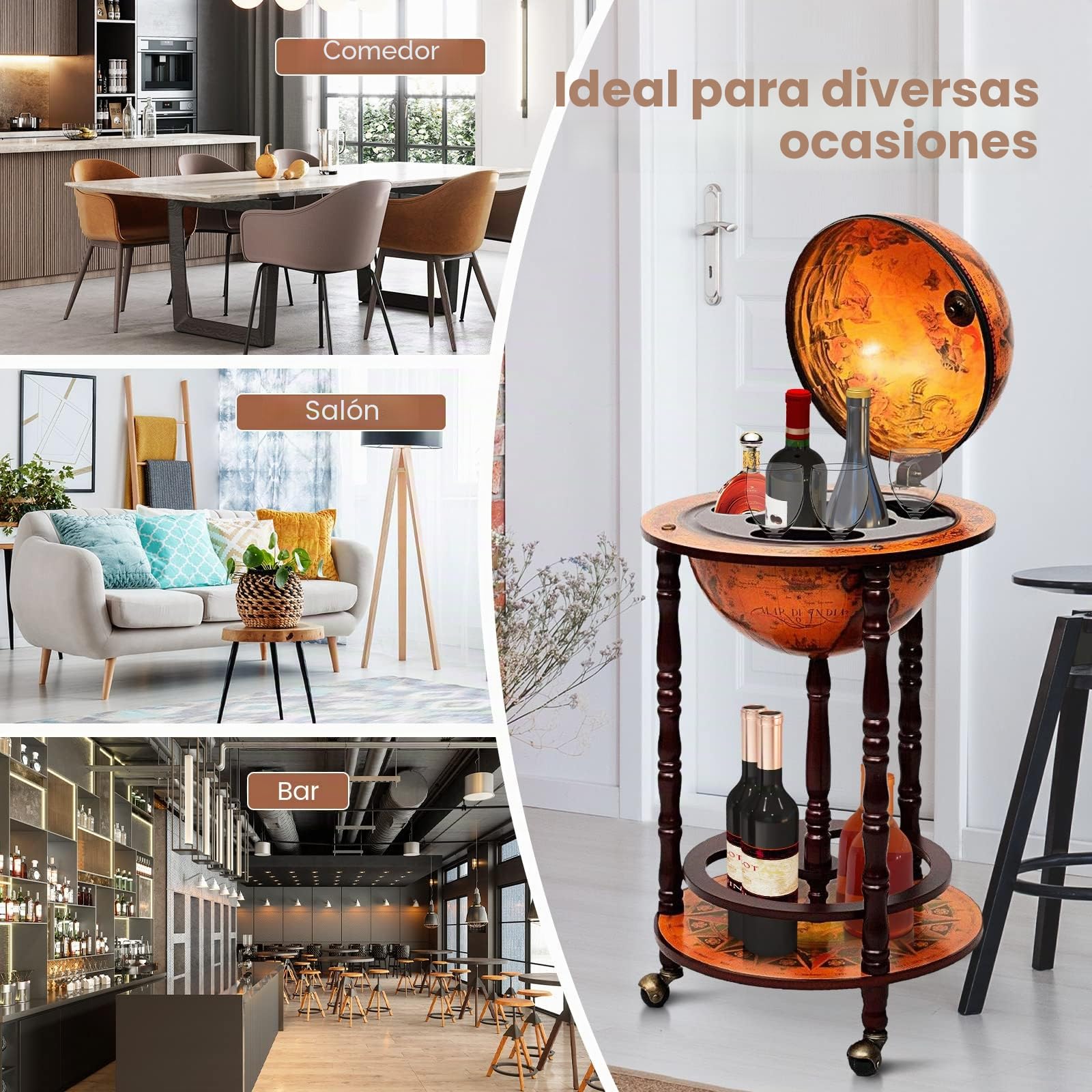 KOMFOTTEU Botellero Bar Globo Terráqueo con Ruedas, Soporte para Botellas de 2 Niveles, Carrito de Bar de Madera, Mueble Minibar para Bebidas, para Restaurante, Fiesta (Marrón, 45 x 45 x 88 cm)