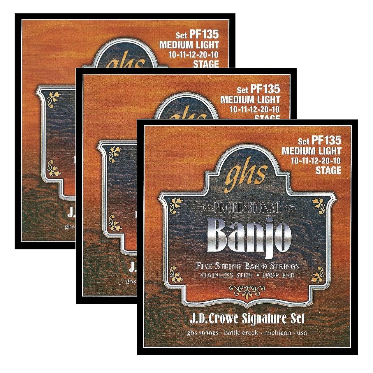 GHS Strings - 5-saitige Banjo-Saiten - J.D. Crowe Signature Set (Stage) Loop End - Medium Light Gauge - 010-020 - Modell: PF135 SET - Packung mit 3 Sets