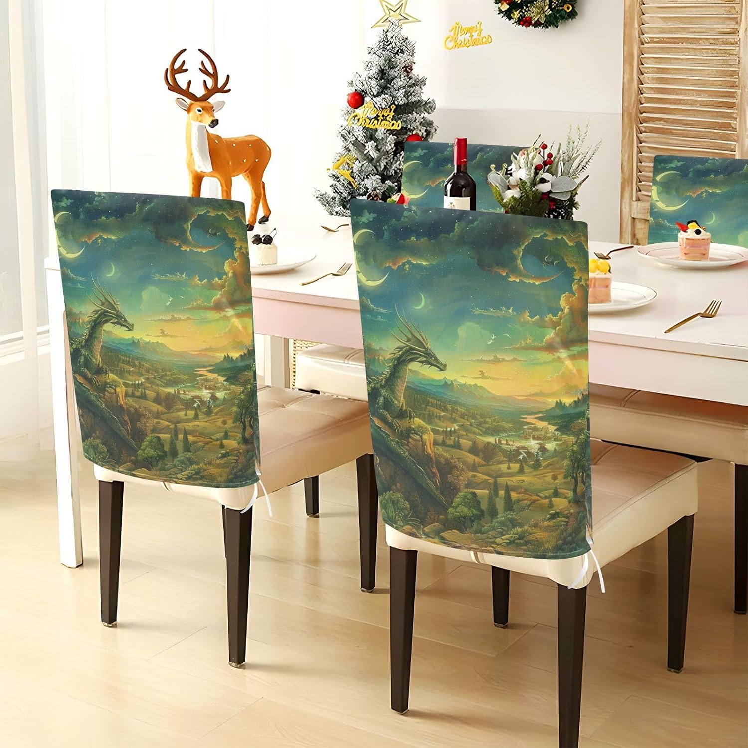 ALAZA Dragon in Landscape Chair Back Cover Set of 6, Washable Reusable Removable Chair Slipcovers Decorative Chair Cover for Home Kitchen Wedding Party